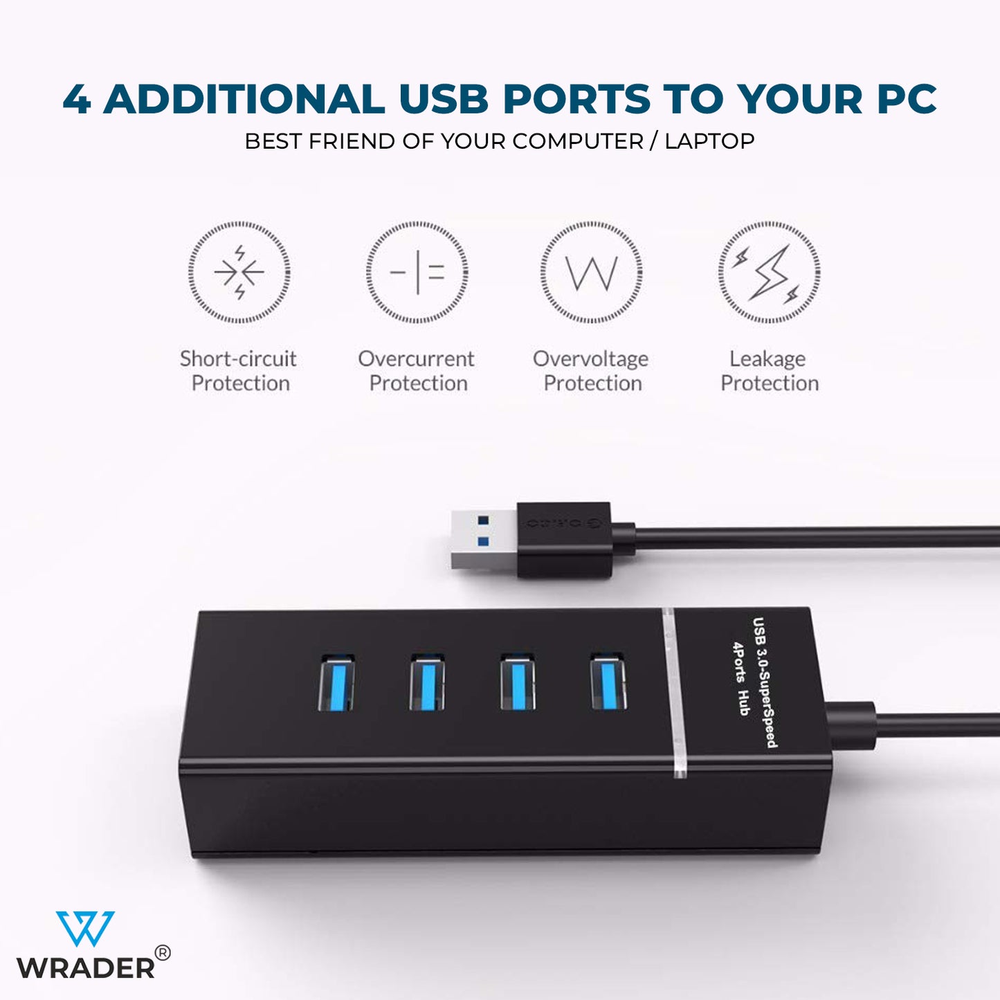 WRADER 5Gbps Super Speed USB 3.0 Hub 4 Ports USB Hub for Laptops, Desktops, Smartphones, USB Flash Drives,