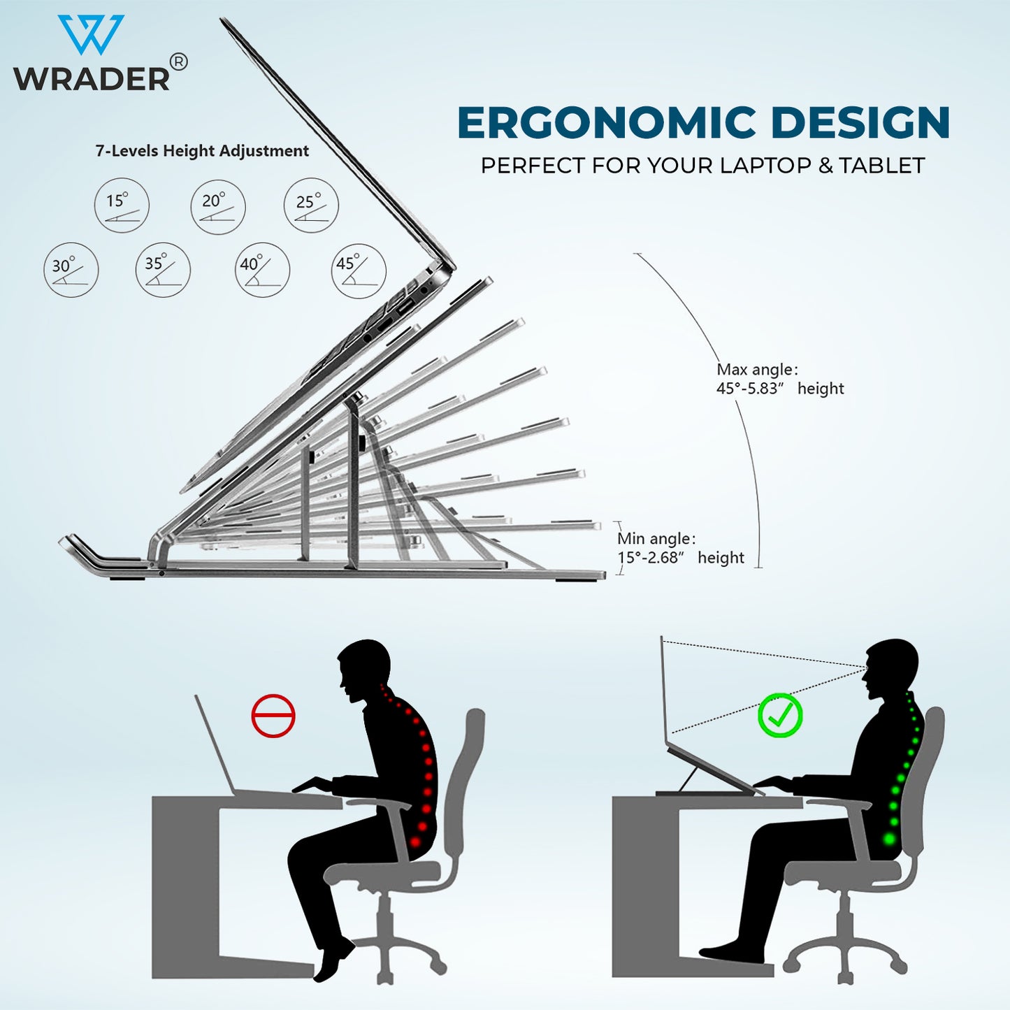 WRADER Aluminium Laptop Stand Foldable Laptop Stand, Notebook Stand Compatible with All 10 inch to 15.6 inch Laptops and Tablets