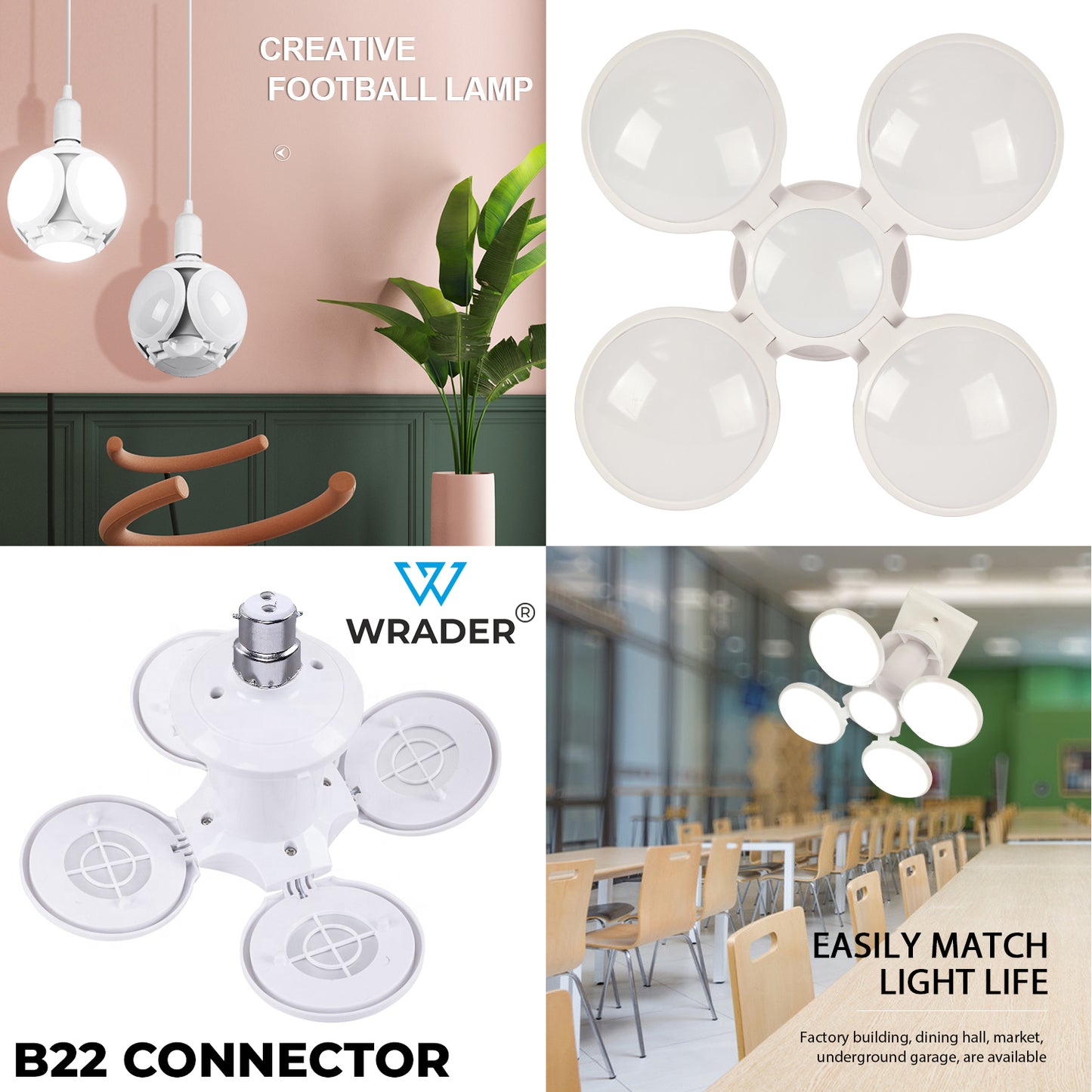 WRADER 40 Watt 5 In 1 LED Light UFO B22 Holder Fitting Football LED Light Bulb for Living Room, Office, Kitchen, Laundry Room, Garage, Bedroom, Hall