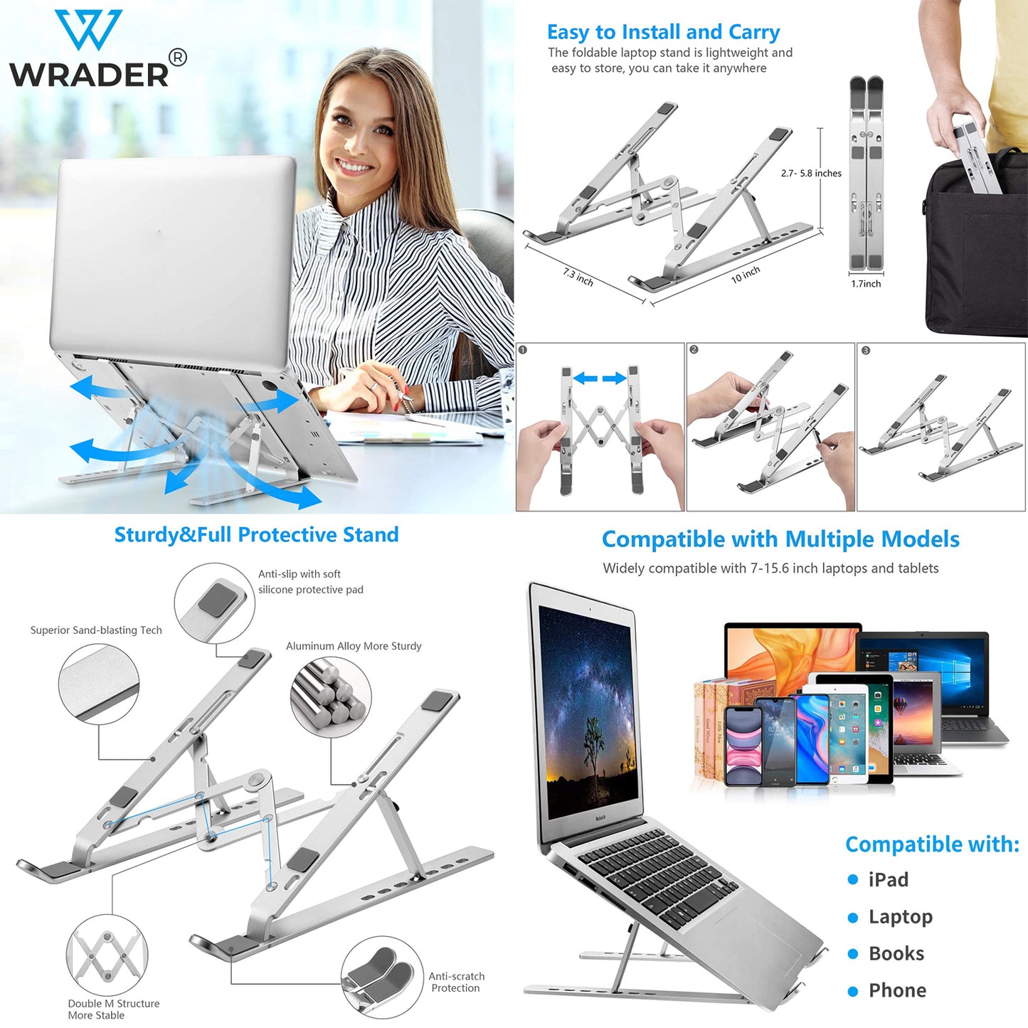 WRADER Aluminium Laptop Stand Foldable Laptop Stand, Notebook Stand Compatible with All 10 inch to 15.6 inch Laptops and Tablets