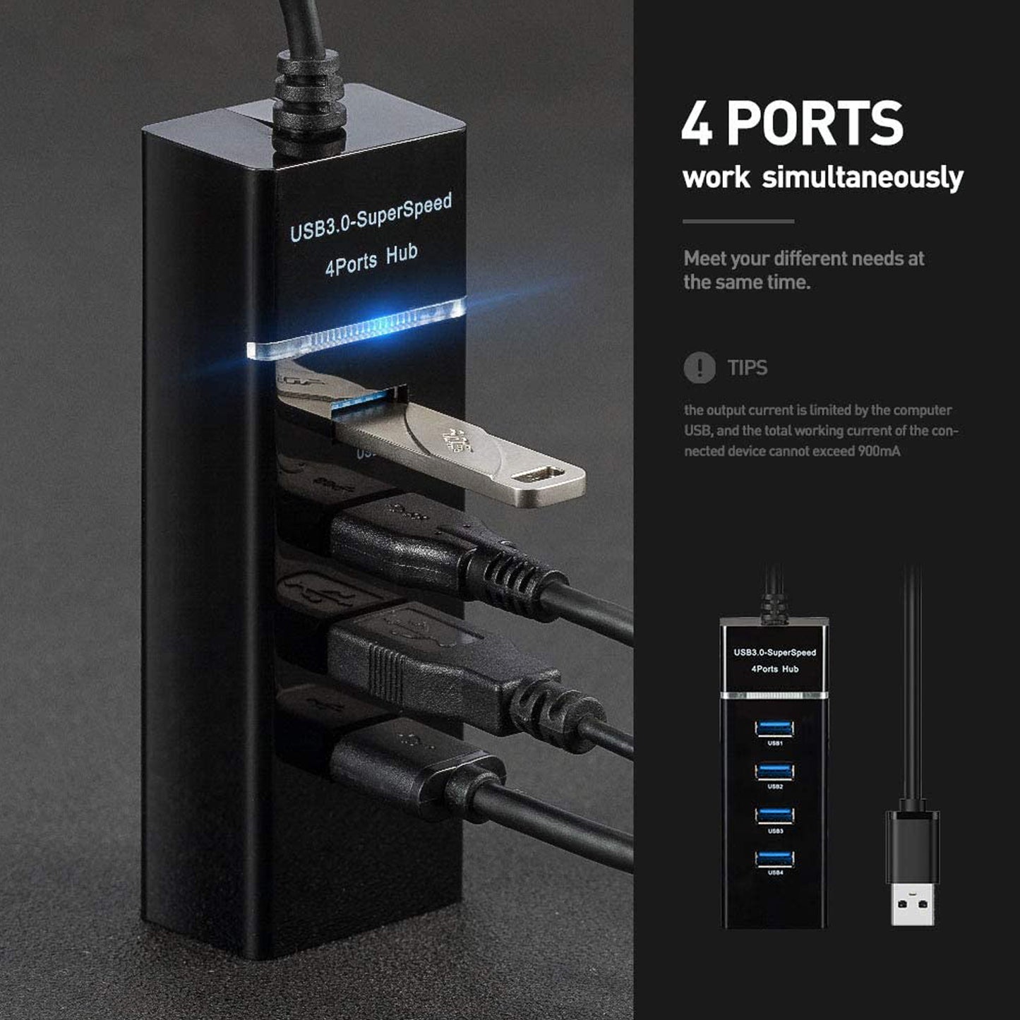 WRADER 5Gbps Super Speed USB 3.0 Hub 4 Ports USB Hub for Laptops, Desktops, Smartphones, USB Flash Drives,