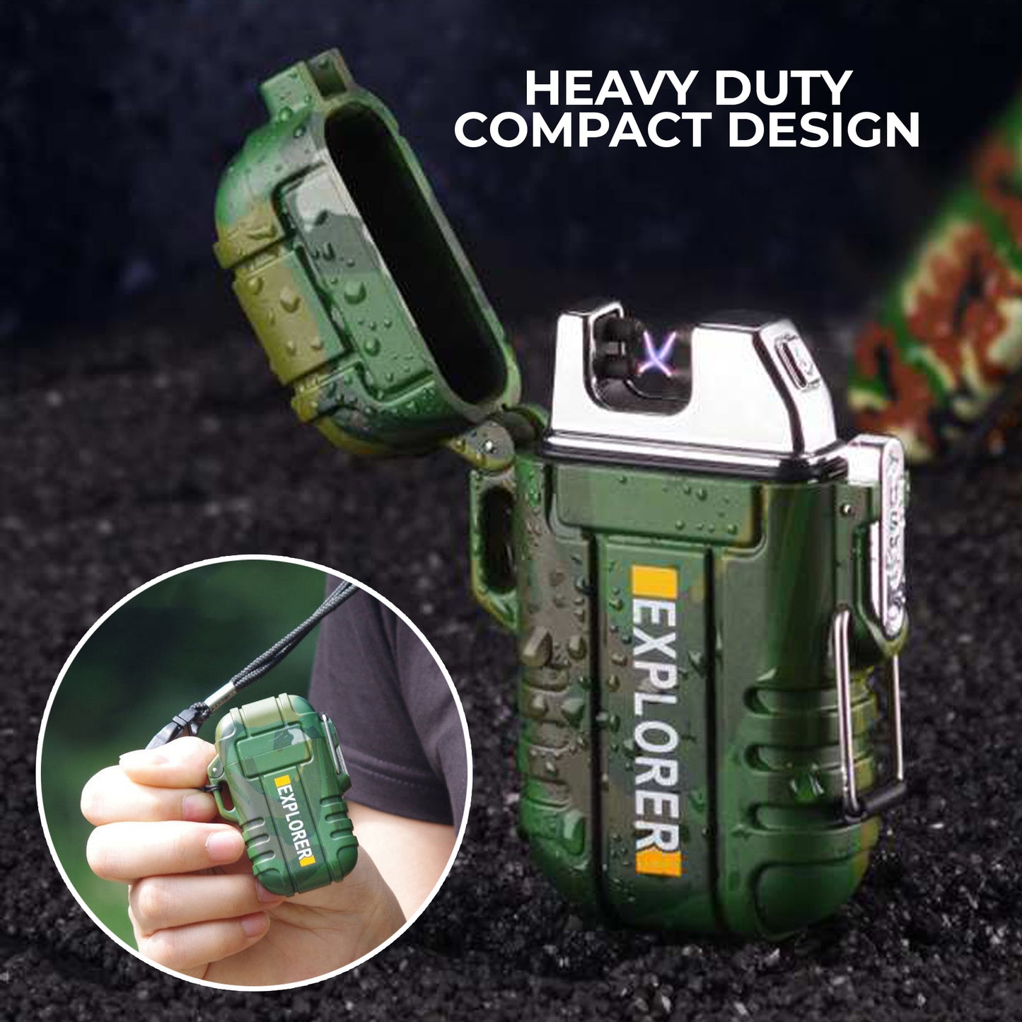 WRADER UPGRADED VERSION WATERPROOF Flameless Electric Lighter Dual Arc Plasma Beam Lighter USB Rechargeable Lighter Windproof Portable Lighter No Butane Ideal Cigarette Lighter for Camping Hiking Travelling and Indoor Outdoor Activities (Military Green)