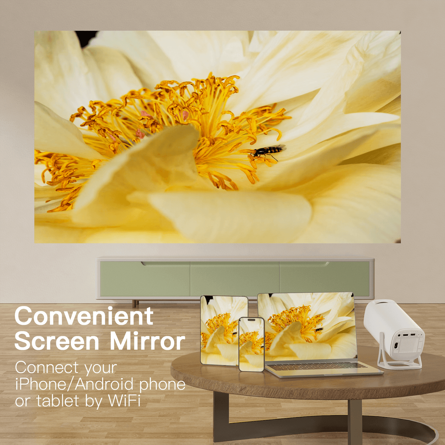 Portable Smart Wireless Projector FHD/UHD LED Multimedia Android OS Diffuse Reflection No Ads