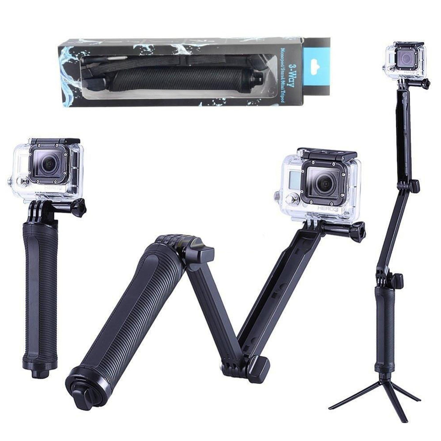 3-Way Grip Tripod, Go Pro Action Camera Tripod Hand Grip Extension Pole Monopod Kit