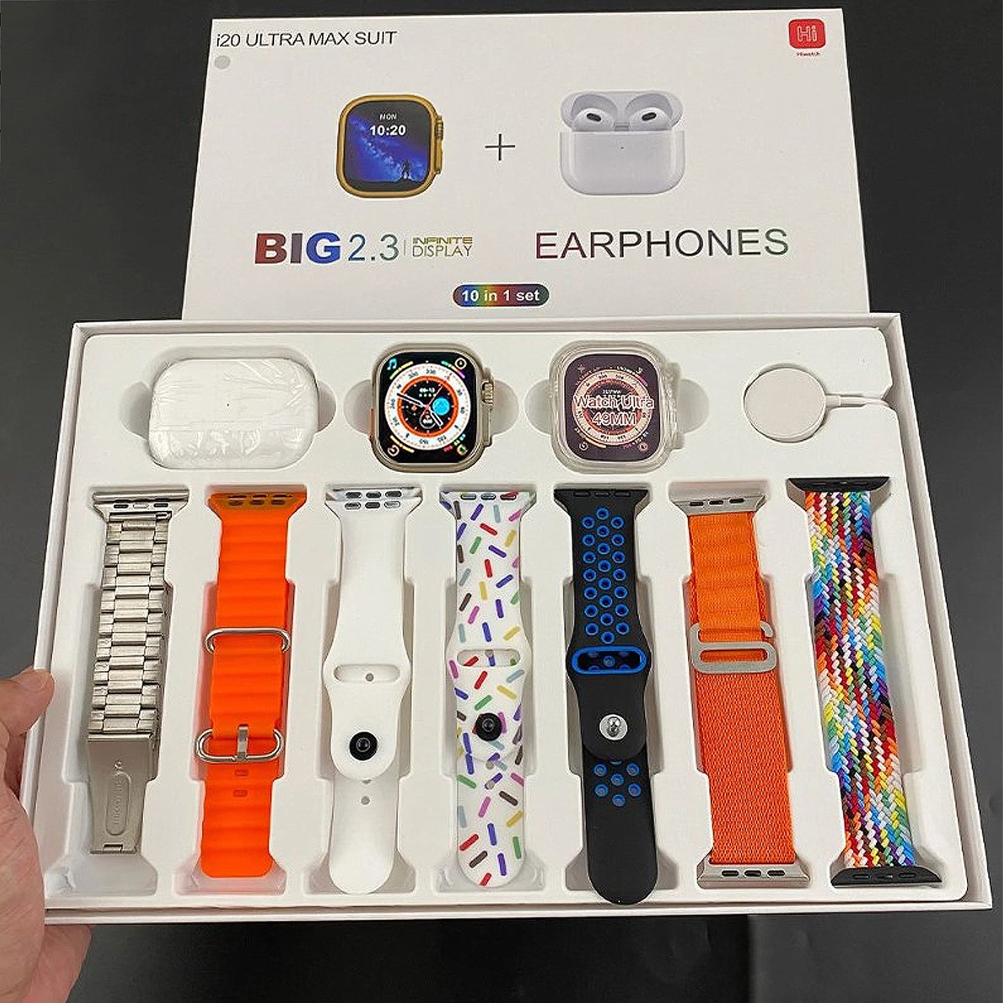 Wrader 7 in 1 Combo Ultra Smart Watch with Airpods For Men, Women & Kids i20 Ultra Smart Watch with 7 Multi Color Strap