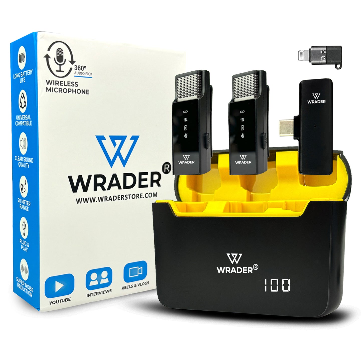 WRADER S16 Dual Wireless Mic with Noise Cancelling, Charging Display Case For Android & iPhone Video Recording Microphone