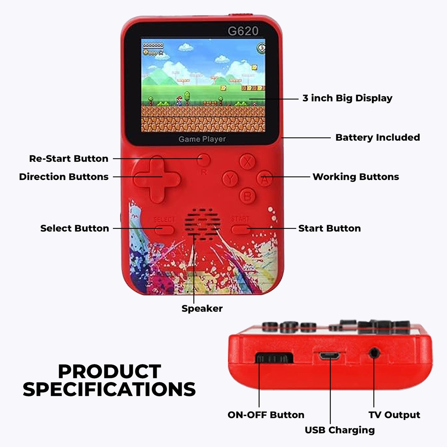 WRADER 500 IN 1 G620 Hand Classic Video Game with AV Cable for TV Support Handheld Gaming Console For Kids & Adults