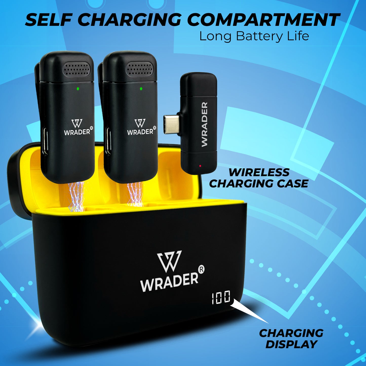 Wrader J06 Dual Wireless Microphone with Muffs & Charging Case Noise Cancellation, Mute & Reverb Mode.