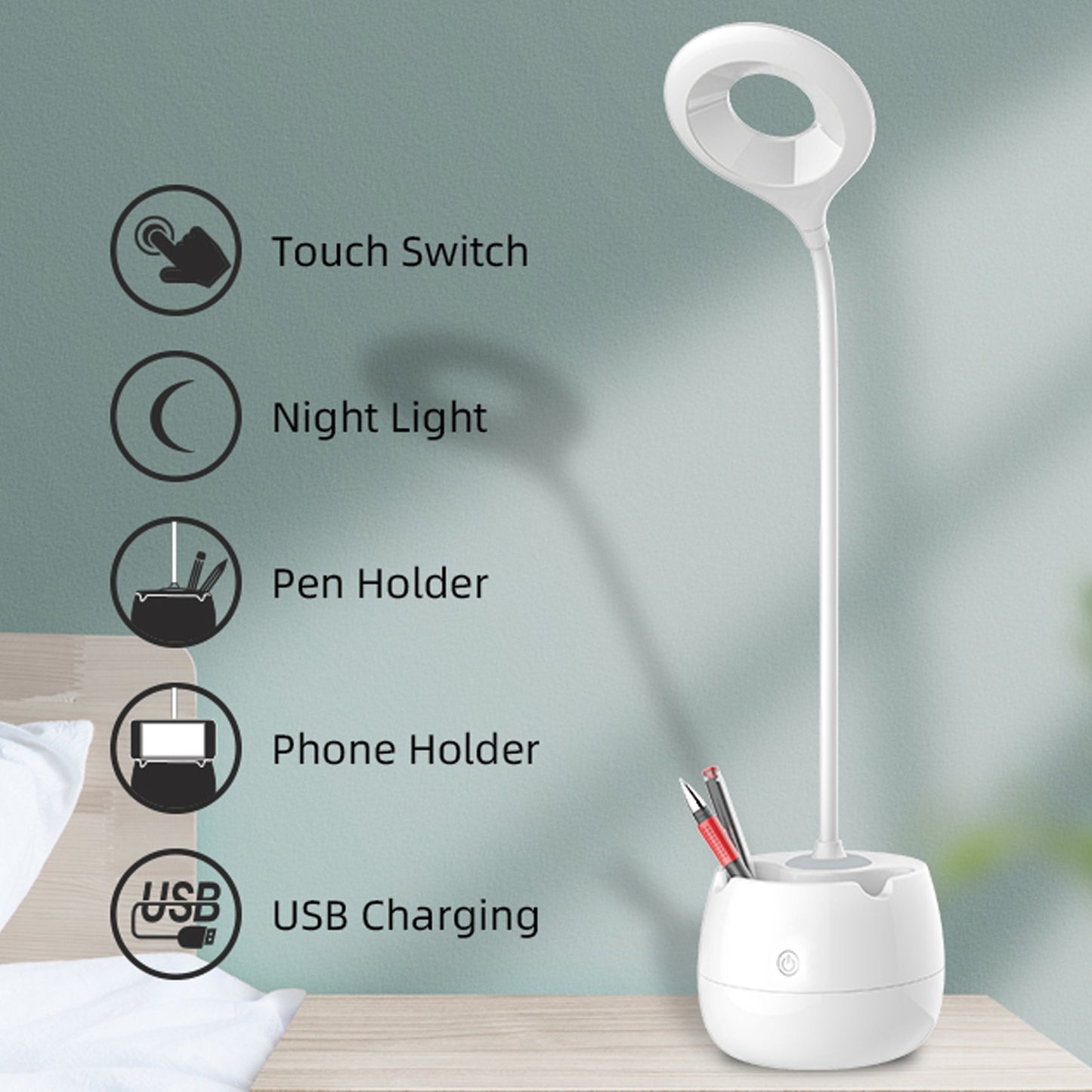 WRADER USB Rechargeable 360 Degree Flexible Study Lamp with Storage Slot for Pen Holder Study Lamp (50 cm, White)