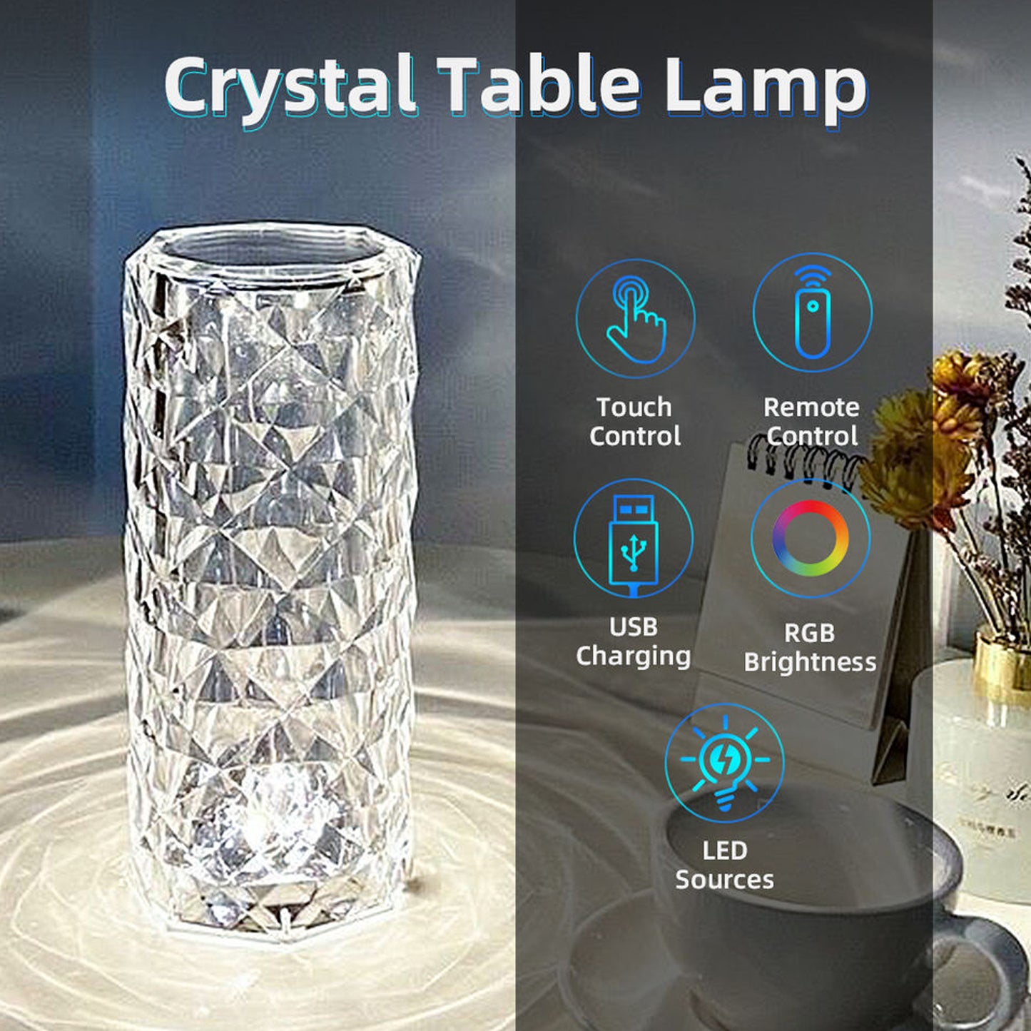 WRADER Rechargeable Crystal Lamp with 16 Color Modes Rose Diamond Table Lamp with Touch Night Lamp