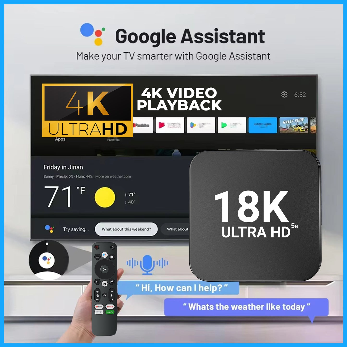 18K Android TV Box 4K Ultra HD Voice Control Built-in Chromecast Compact Design With 8GB + 128GB
