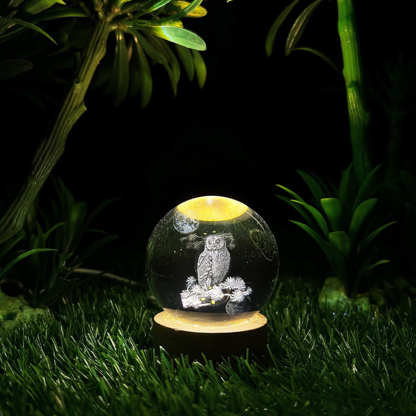 3D Owl & Moon Crystal Ball Night Lamp For Docorate Rooms / Bedroom / Office / Studio Etc