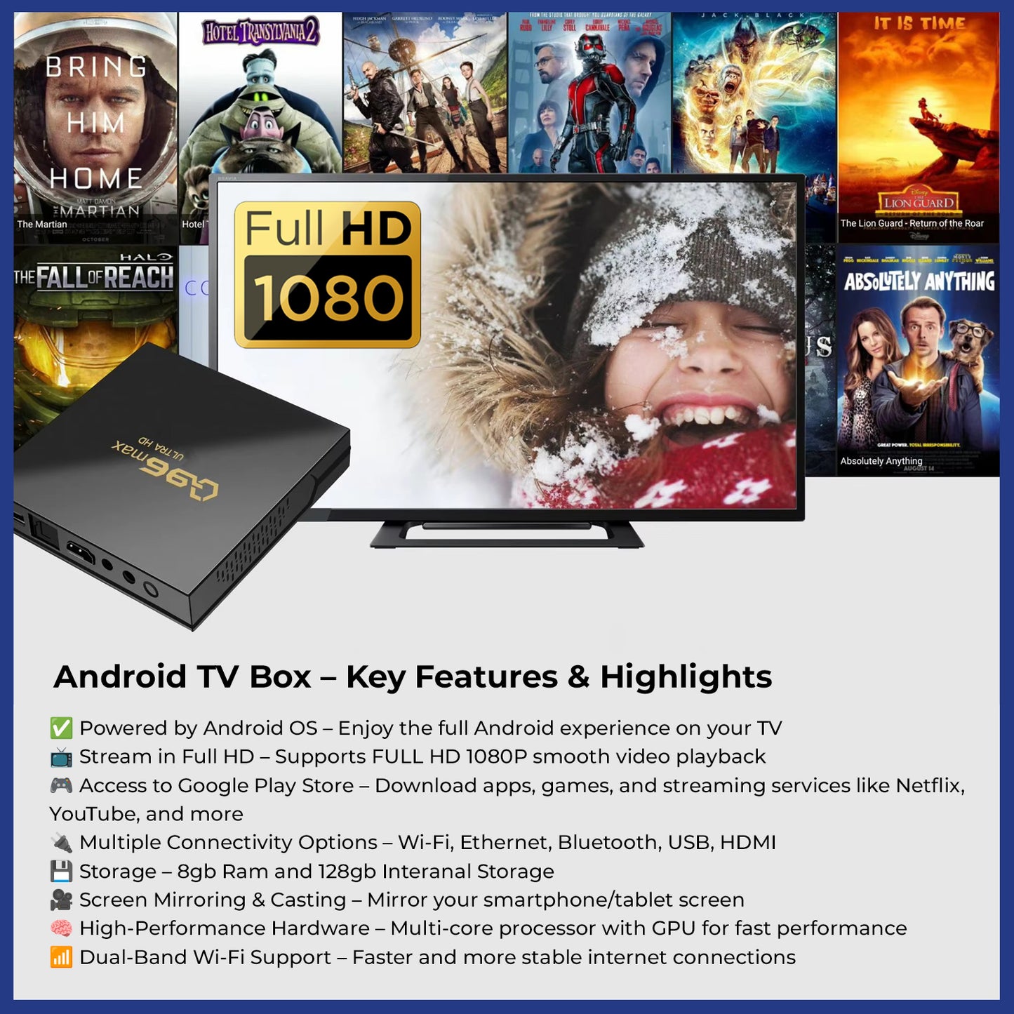 Q96 FULL HD Android TV Box Android 14.0 8GB RAM 128GB ROM Free HDMI 3000+ Apps