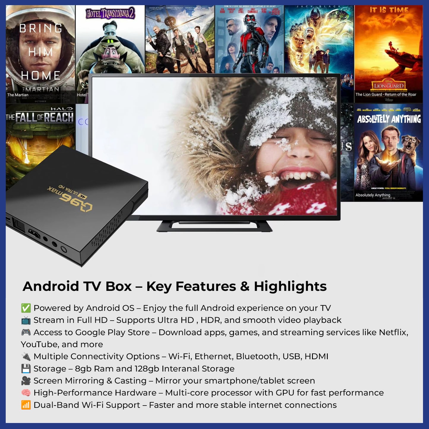 Q96 4K Ultra HD Android TV Box Android 14.0 8GB RAM 128GB ROM Free HDMI 3000+ Apps