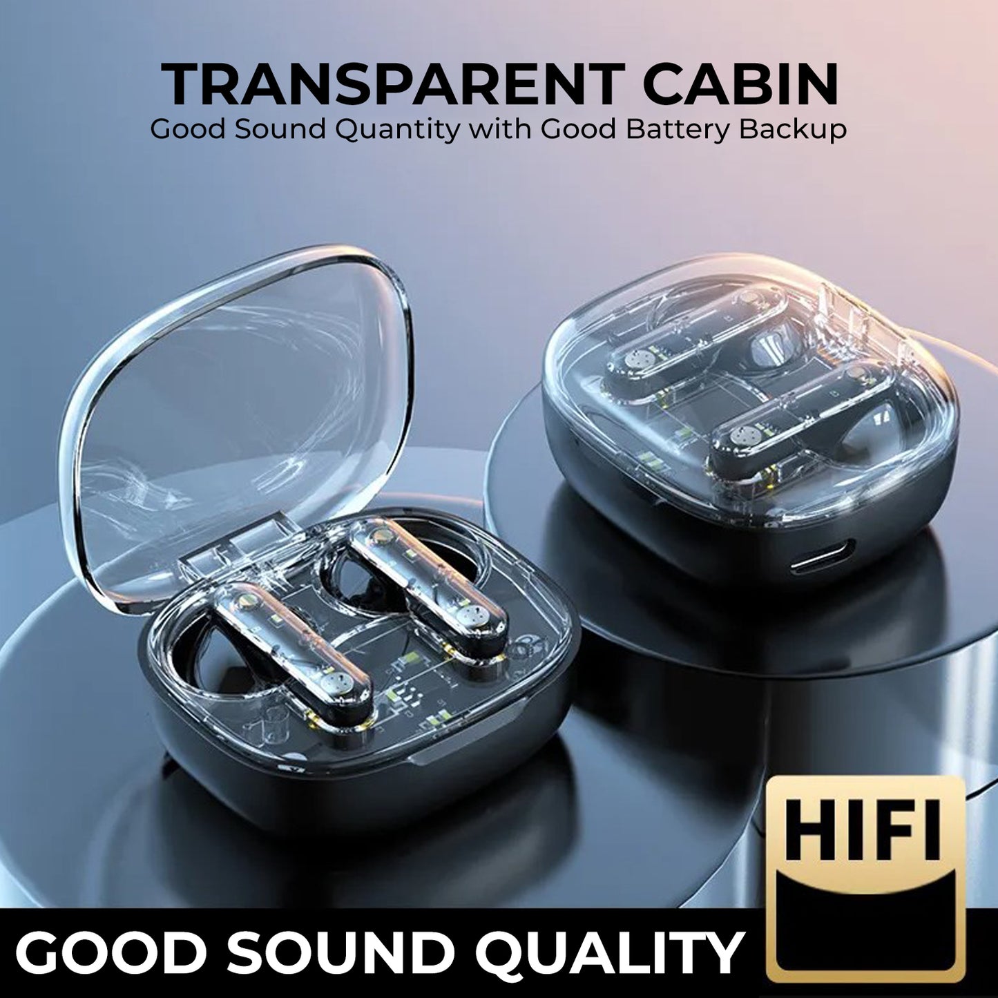 Transy Transparent Earbuds With Charging Display & Charging Case For All Smartphones Android & iPhone