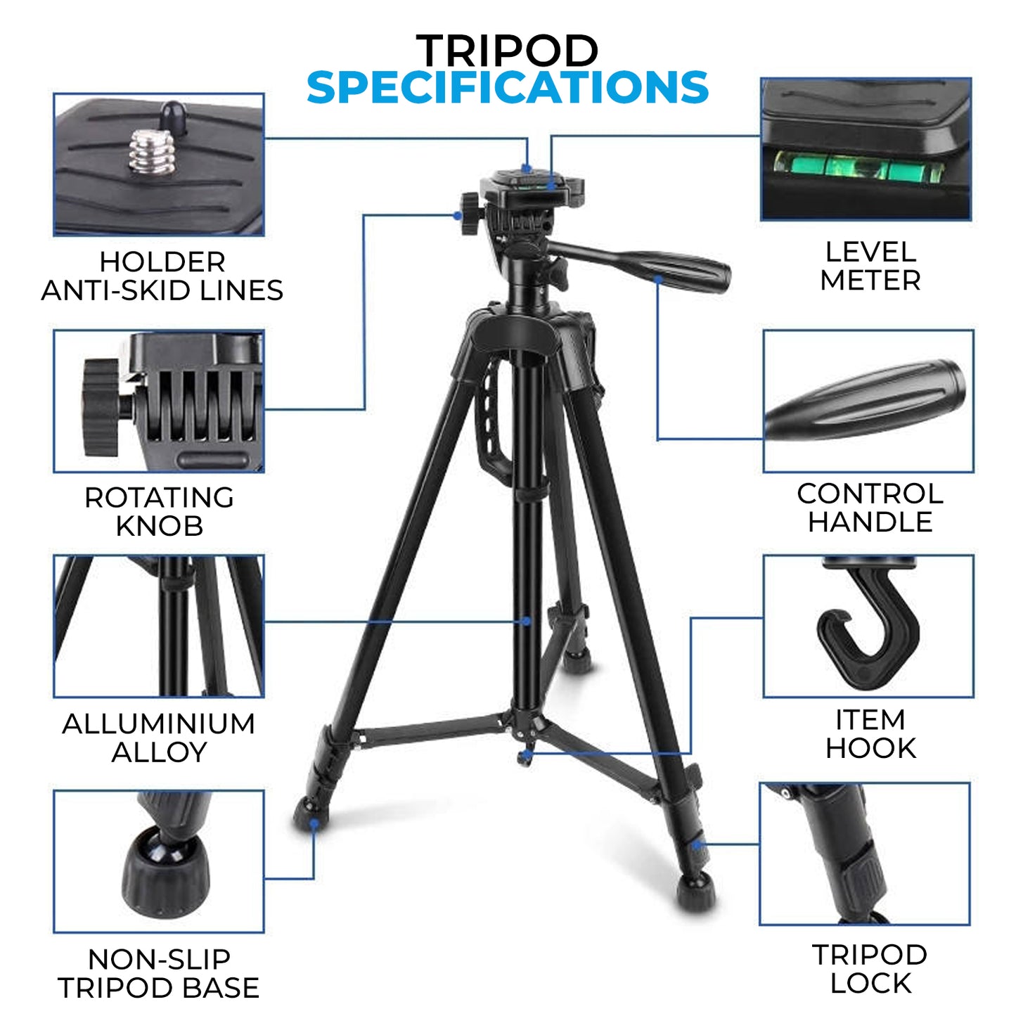WRADER Metal Tripod with Clip Tripod Stand for Mobile DSLR Camera and Video Camera Tripod (Black, Supports Up to 5000 g)