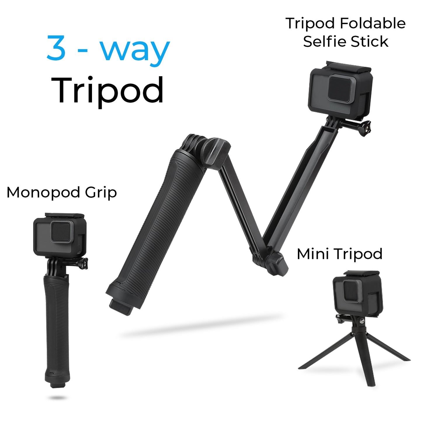 3-Way Grip Tripod, Go Pro Action Camera Tripod Hand Grip Extension Pole Monopod Kit