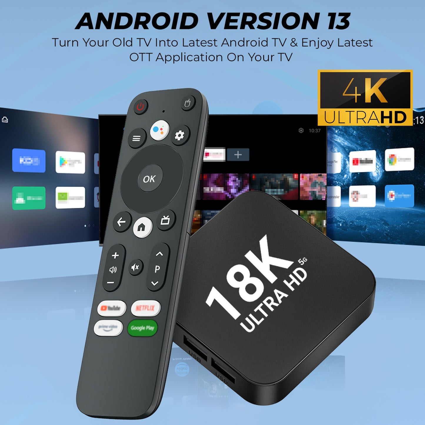 18K Android TV Box 4K Ultra HD Voice Control Built-in Chromecast Compact Design With 8GB + 128GB
