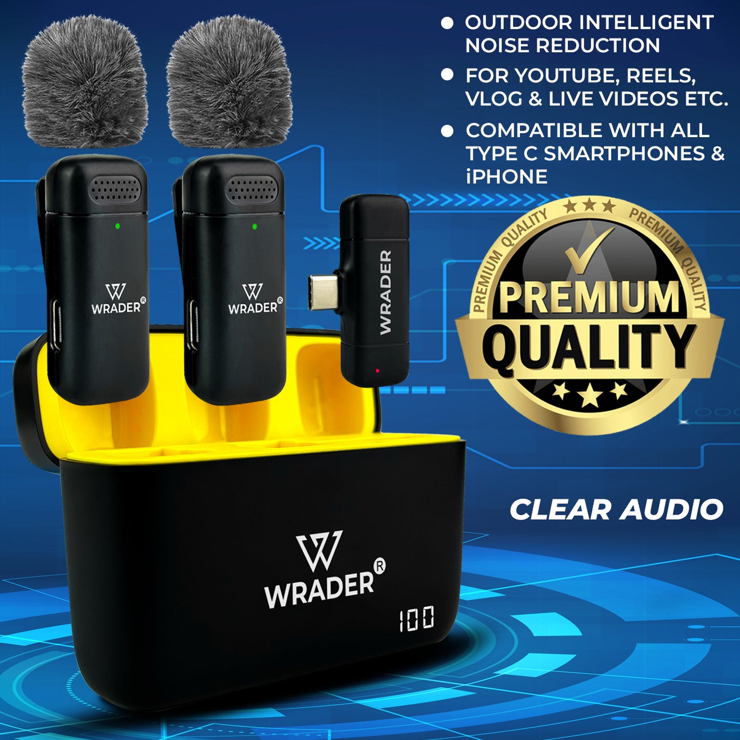 Wrader J06 Dual Wireless Microphone with Muffs & Charging Case Noise Cancellation, Mute & Reverb Mode.