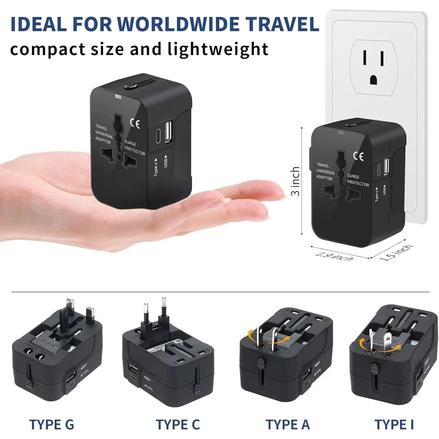 WRADER Worldwide International Universal All in One Travel Adapter Adaptor USB with Type C Port