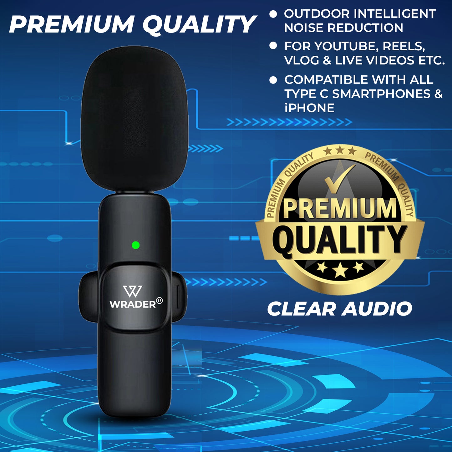 WRADER K9 Wireless Mic with Noise Cancellation for Vlogs, Video Recording Mobile Microphone
