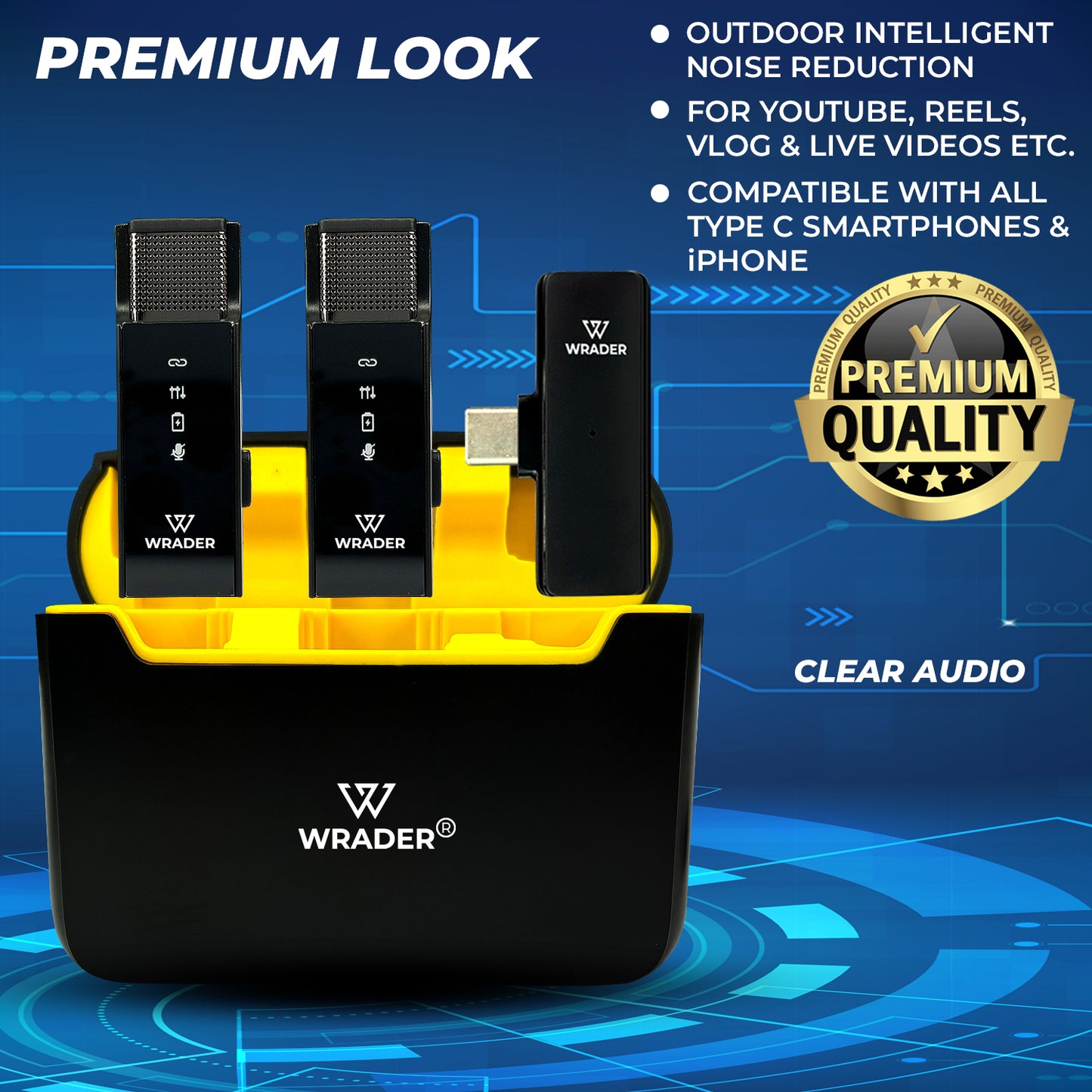WRADER S16 Dual Wireless Mic with Noise Cancelling, Charging Display Case For Android & iPhone Video Recording Microphone