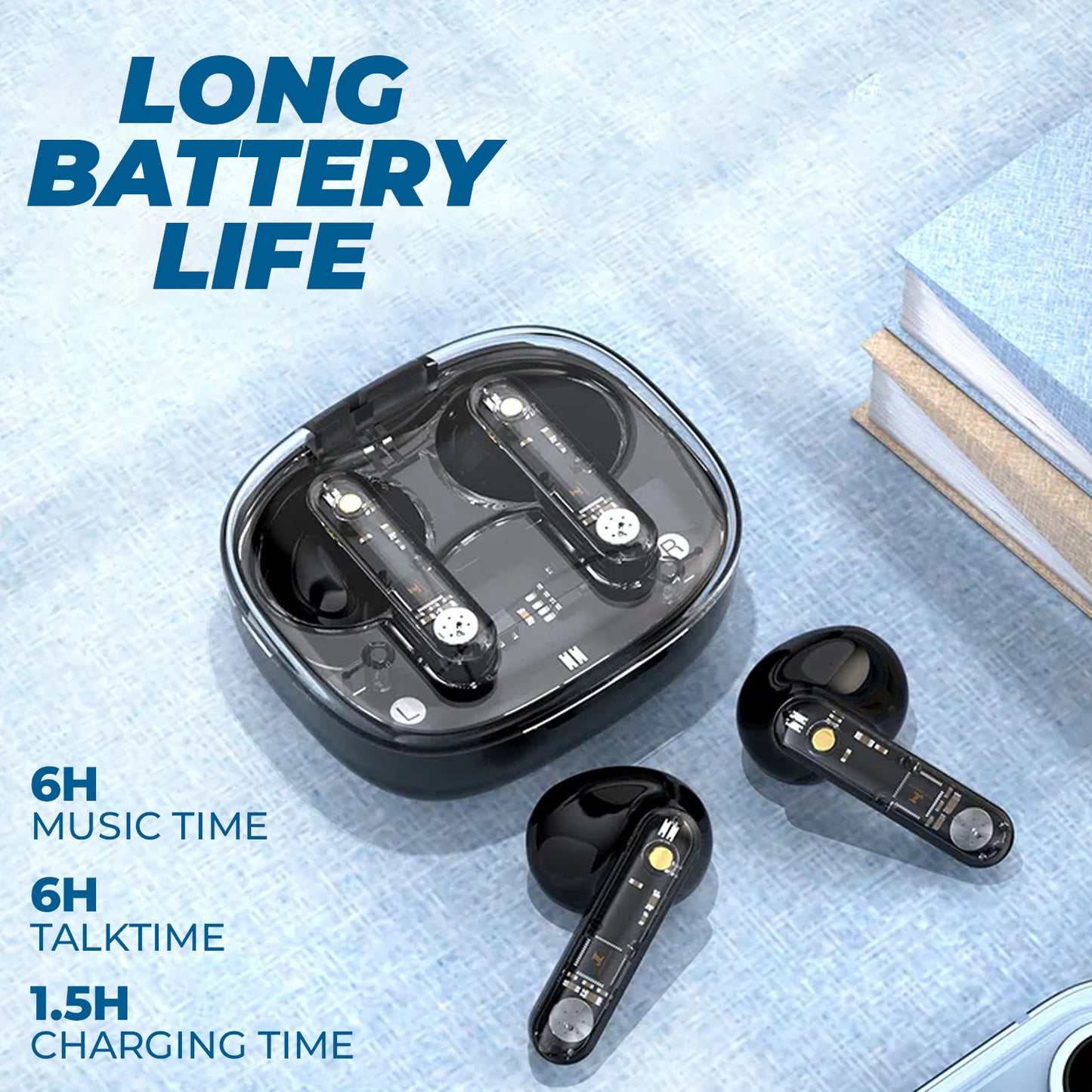 Transy Transparent Earbuds With Charging Display & Charging Case For All Smartphones Android & iPhone
