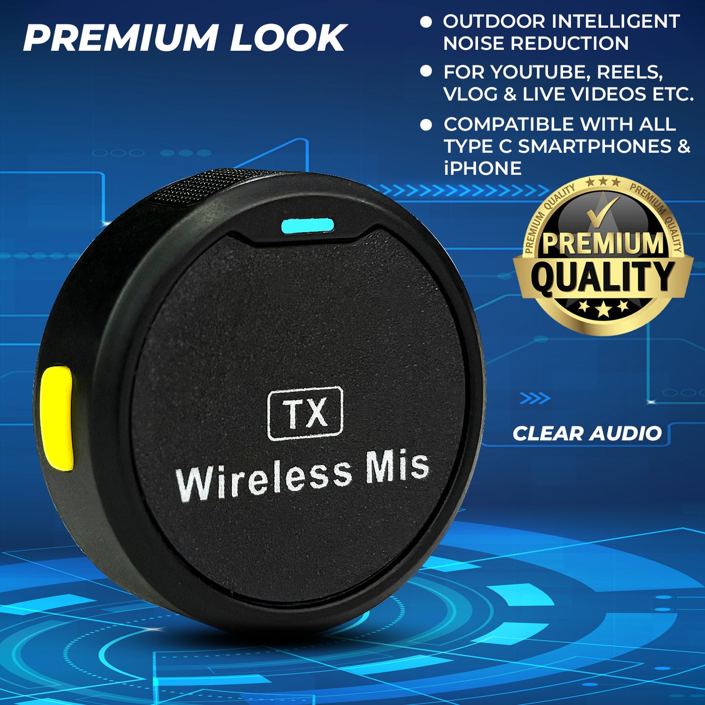 WRADER Round Shape Magnetic Wireless Collar Mic with Noise Cancellation for Type C Mobile and iPhone Microphone