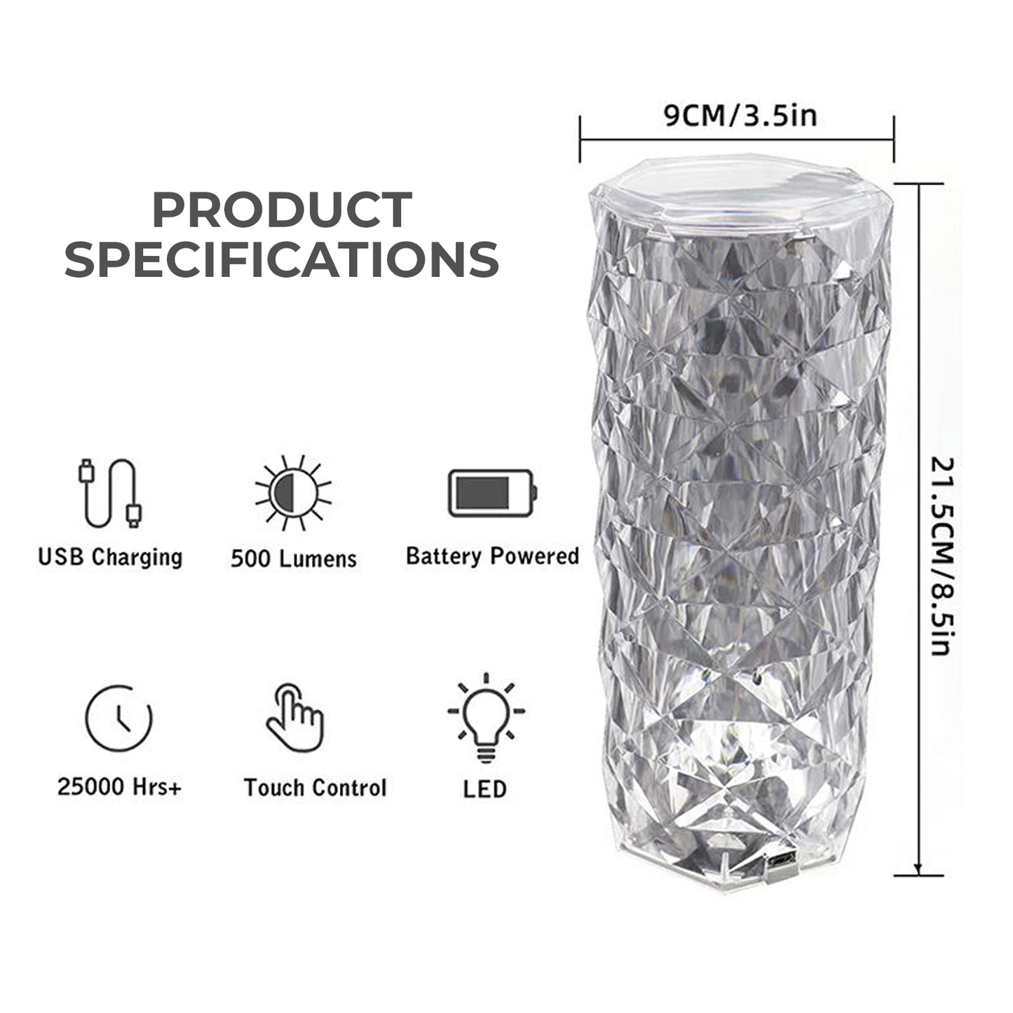 WRADER Rechargeable Crystal Lamp with 16 Color Modes Rose Diamond Table Lamp with Touch Night Lamp