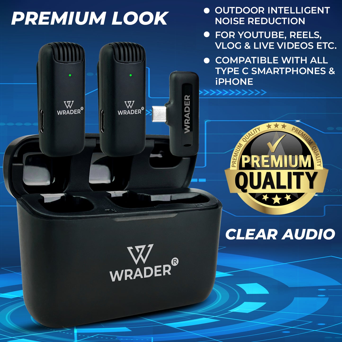 WRADER J13 Dual User Wireless Mic with Noise Cancellation for Type C Mobiles and iPhone Microphone