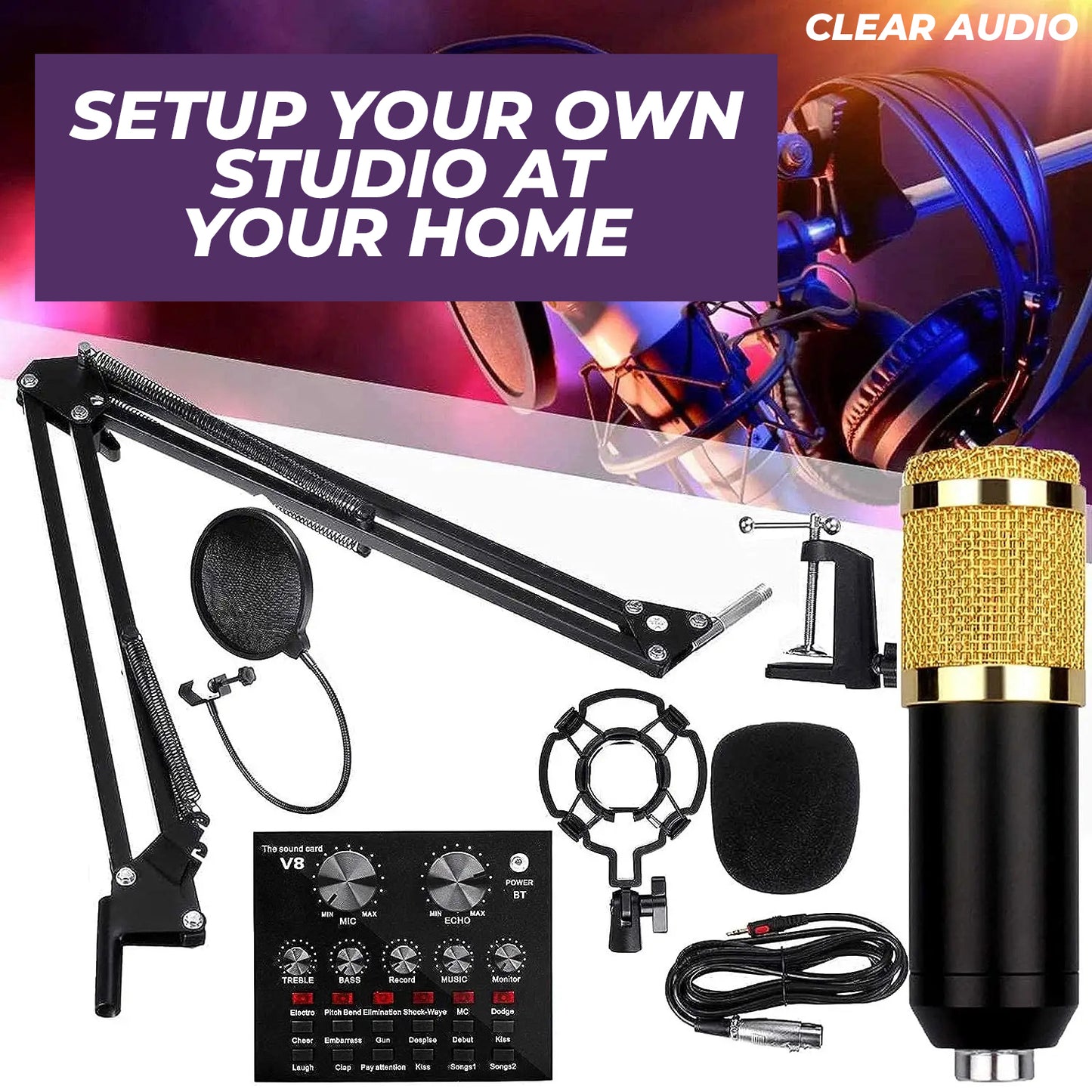WRADER BM800 Professional Condenser Studio Microphone Setup with Sound Card For Desktop, Laptop & Smartphones