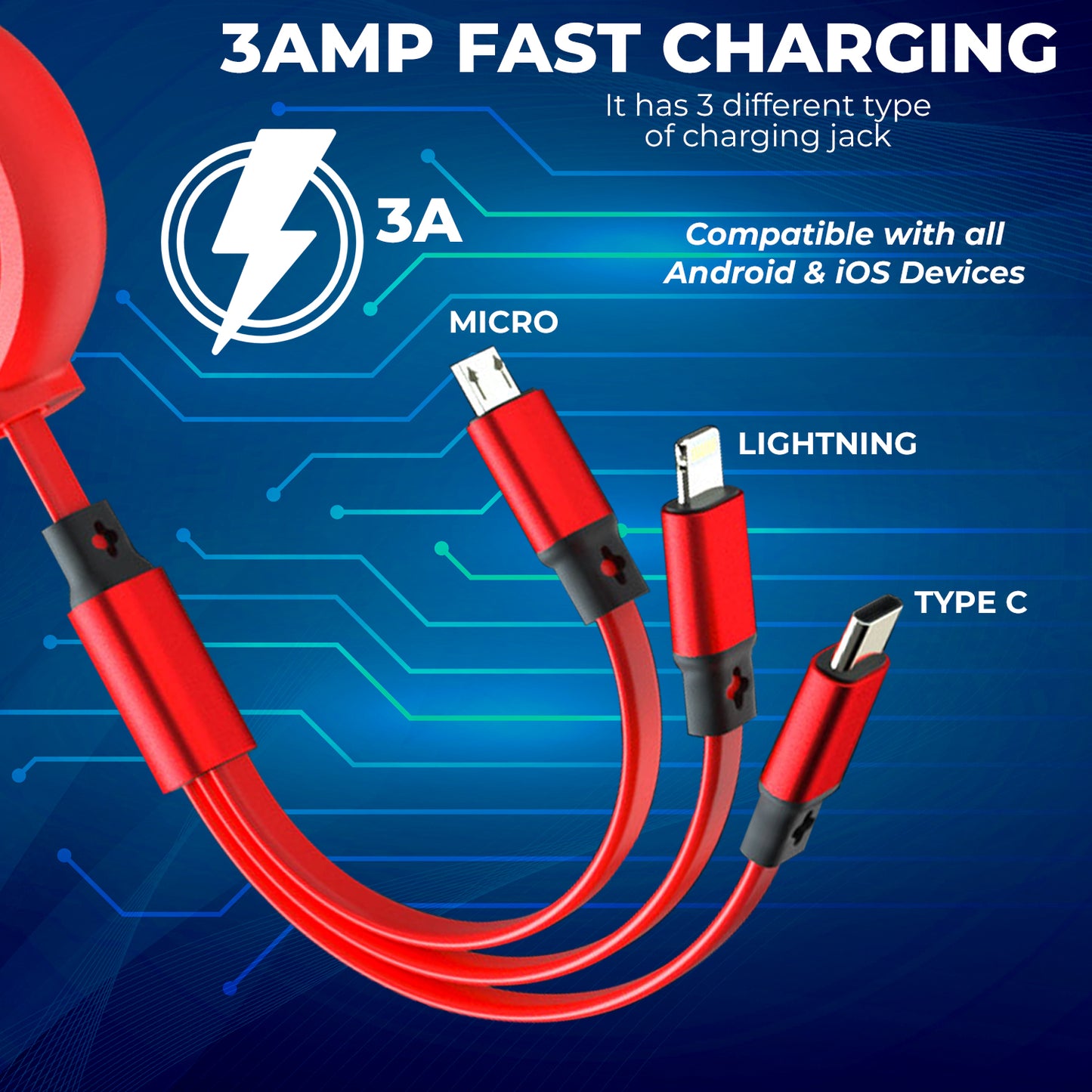 WRADER Micro USB Cable 3 A 1 m 3 in1 Fast Charging Data Cable for All Smartphones and iOS Data Cable