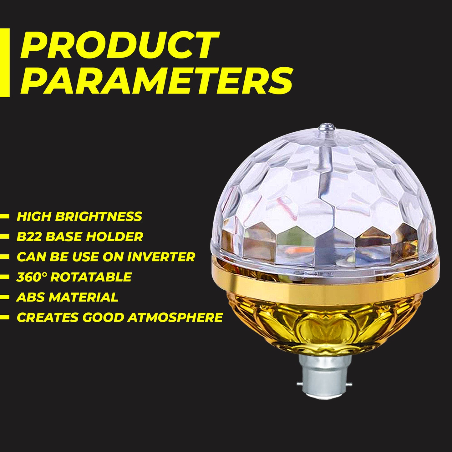 WRADER Golden Jumbo Bullb Dj Bulb with Strobe Effect 360 Degree Rotating LED Disco Bulb Single Disco Ball (Ball Diameter: 7 cm)