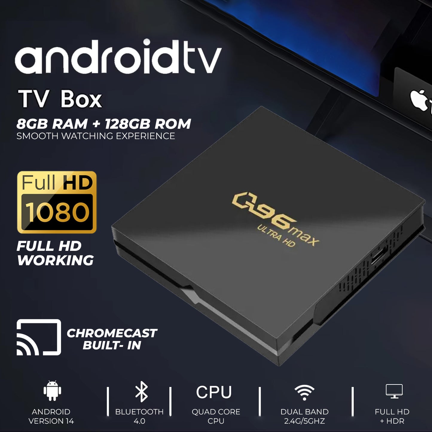 Q96 FULL HD Android TV Box Android 14.0 8GB RAM 128GB ROM Free HDMI 3000+ Apps