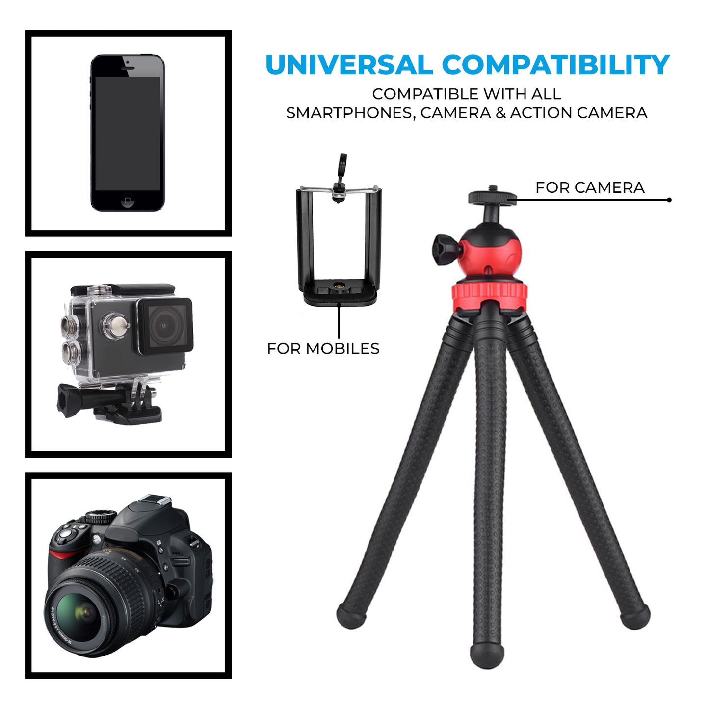 WRADER Super Flexible Tripod 360° Ball Shape Design 12 Inch Octopus Travel Tripod For SLR / DSLR / SMARTPHONES / ACTION CAMERA / ANDROID PHONES
