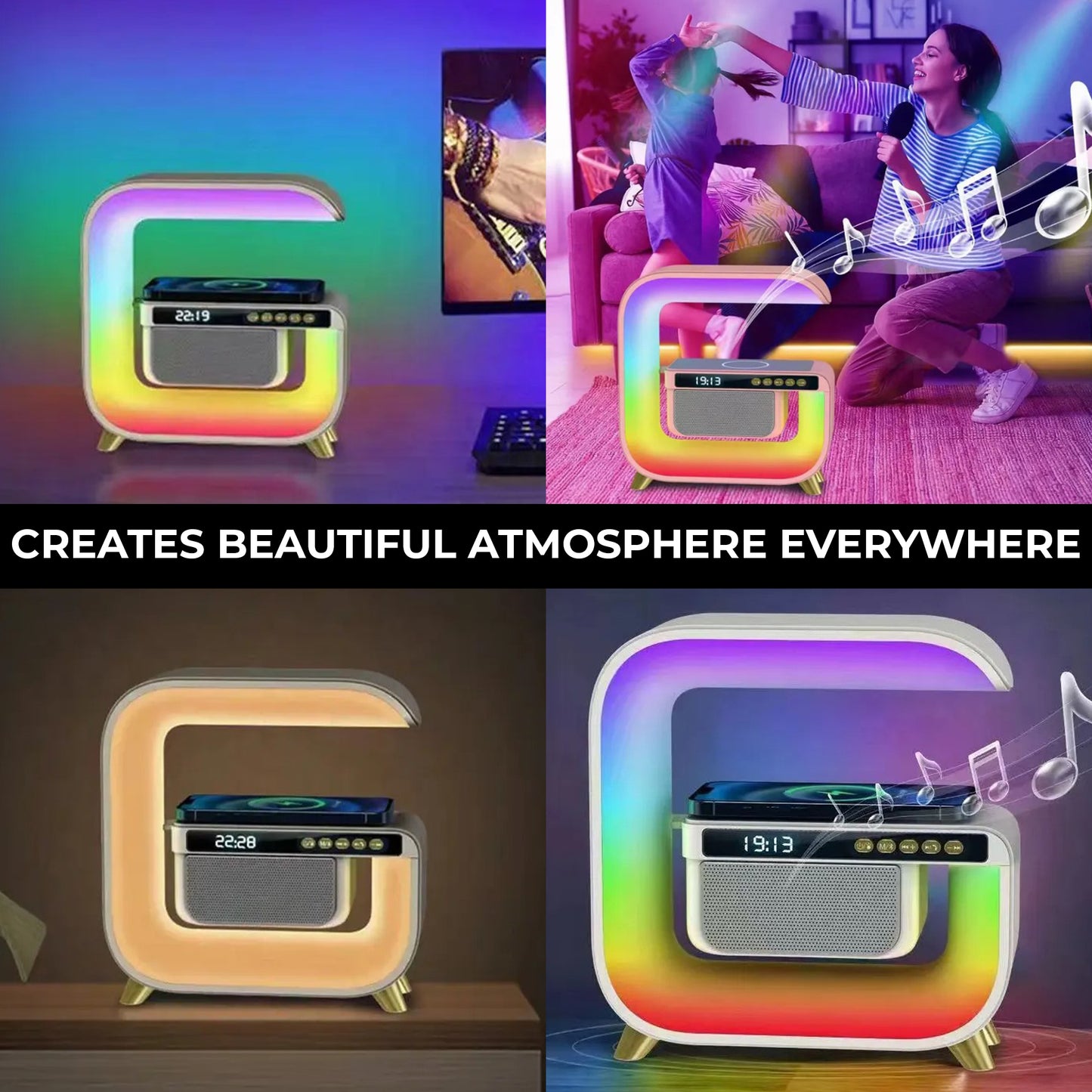 WRADER Multicolor LED G Speaker Night Lamp with Wireless Charger and Clock Google Lamp Night Lamp