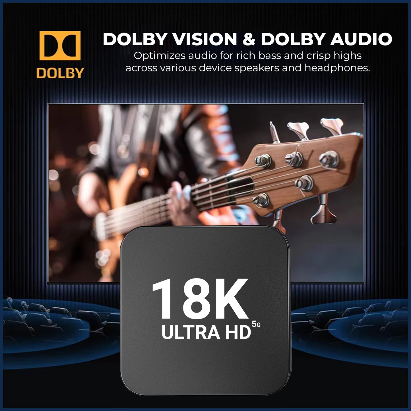 18K Android TV Box 4K Ultra HD Voice Control Built-in Chromecast Compact Design With 8GB + 128GB