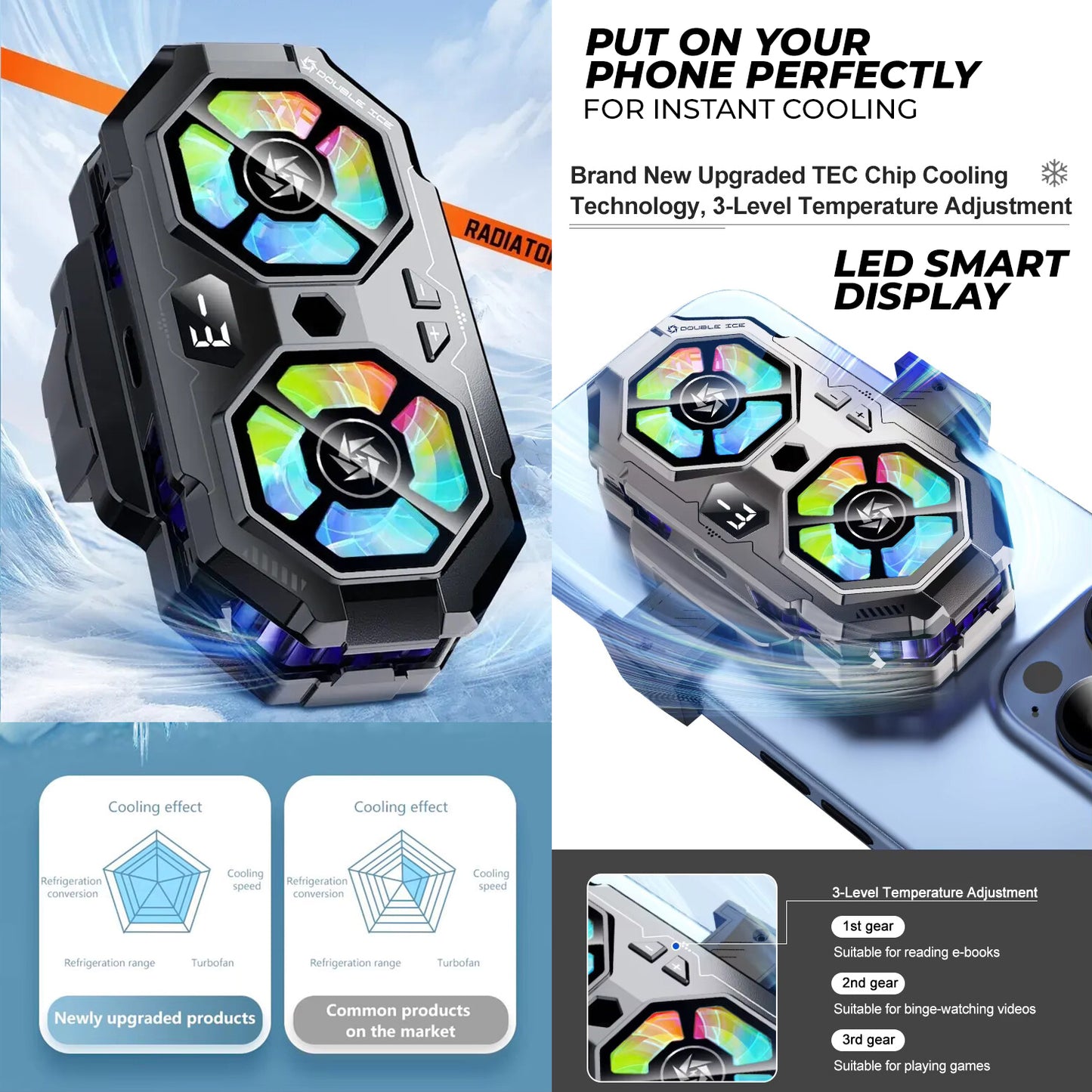 WRADER SL22 Mobile Cooling Gaming Fan for All Smartphones Android & iPhone Game Long Filming Mobile Gaming Cooling Pad (Black)