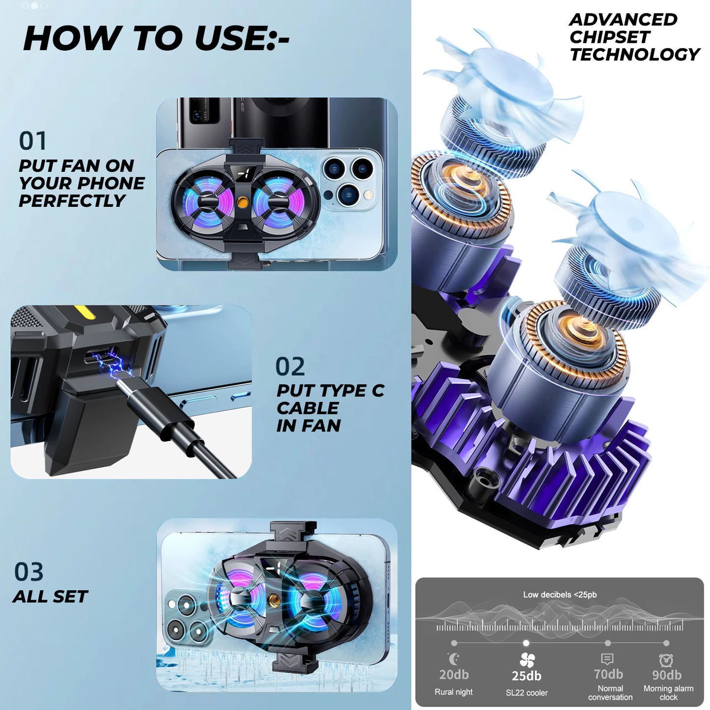 WRADER SL07 Mobile Cooler Fan for Gaming Android & iPhone Compatible Cooling Fan For Game Long Filming Cooling Pad (Black)