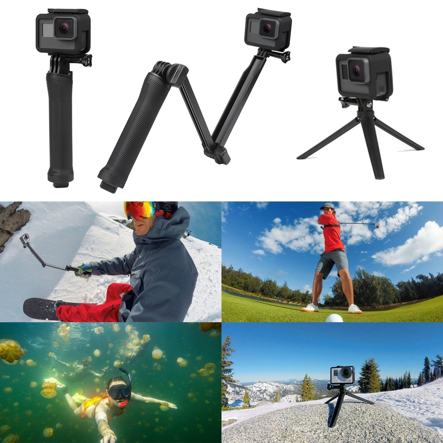 3-Way Grip Tripod, Go Pro Action Camera Tripod Hand Grip Extension Pole Monopod Kit