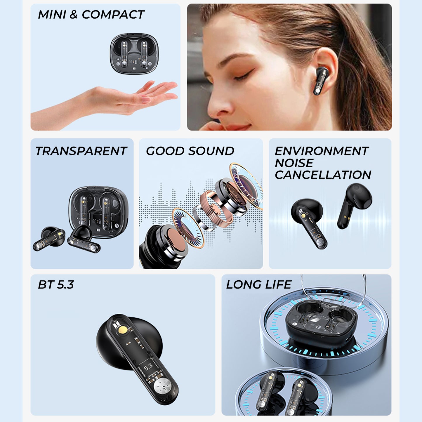 Transy Transparent Earbuds With Charging Display & Charging Case For All Smartphones Android & iPhone