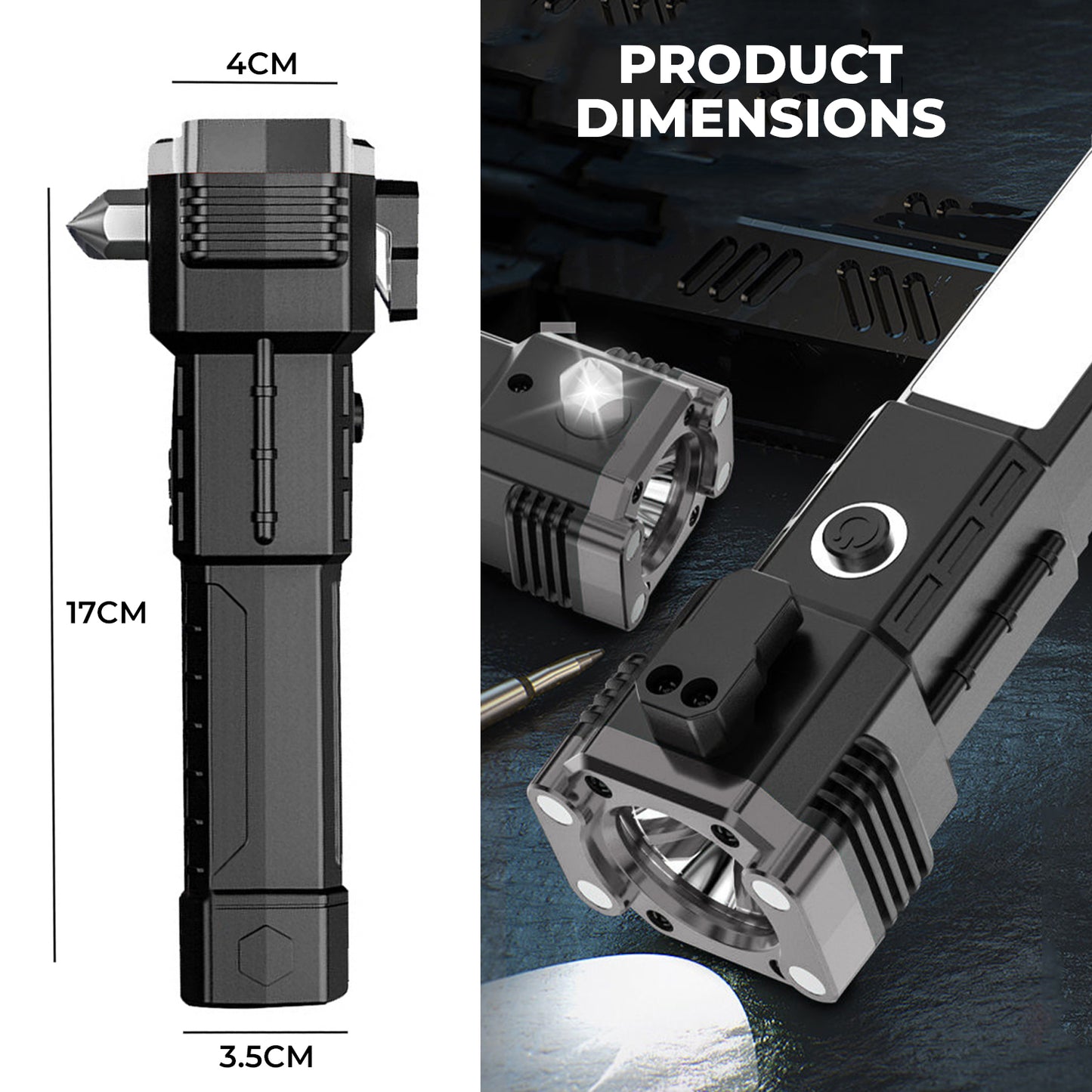 WRADER Safety Car Rescue LED Torch Light, Flashlight COB LED Light with Powerbank Hammer Torch