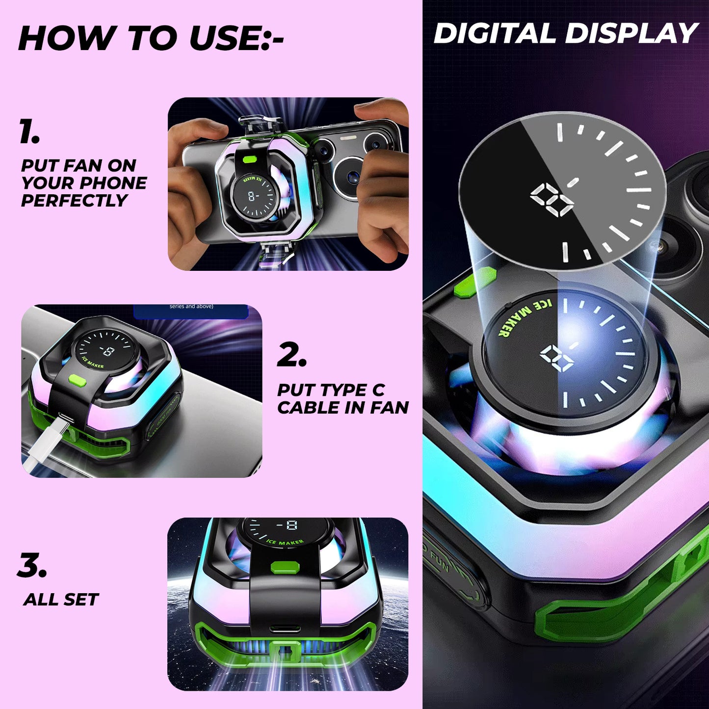 JS86 Mobile Cooling Fan – Ultra-Fast Cooling with RGB Lights, Temperature & Power Display
