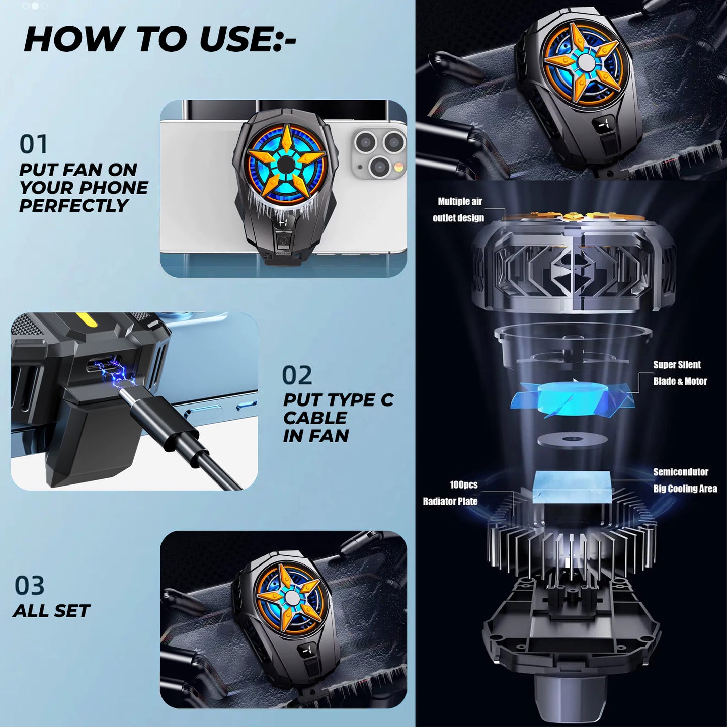 WRADER SL09 Portable Radiator Cooling Fan for Mobile Heating Gaming Cooling Fan For Android & iPhone