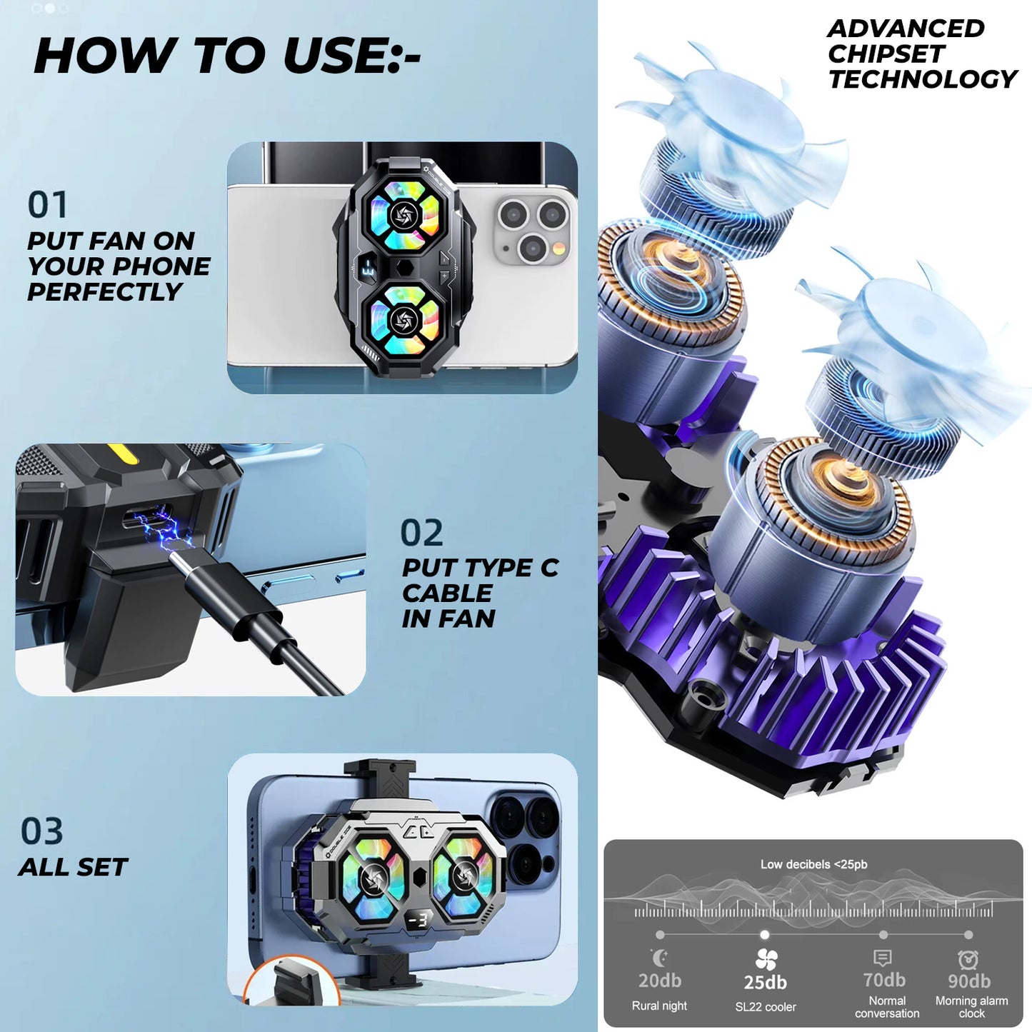 WRADER SL22 Mobile Cooling Gaming Fan for All Smartphones Android & iPhone Game Long Filming Mobile Gaming Cooling Pad (Black)