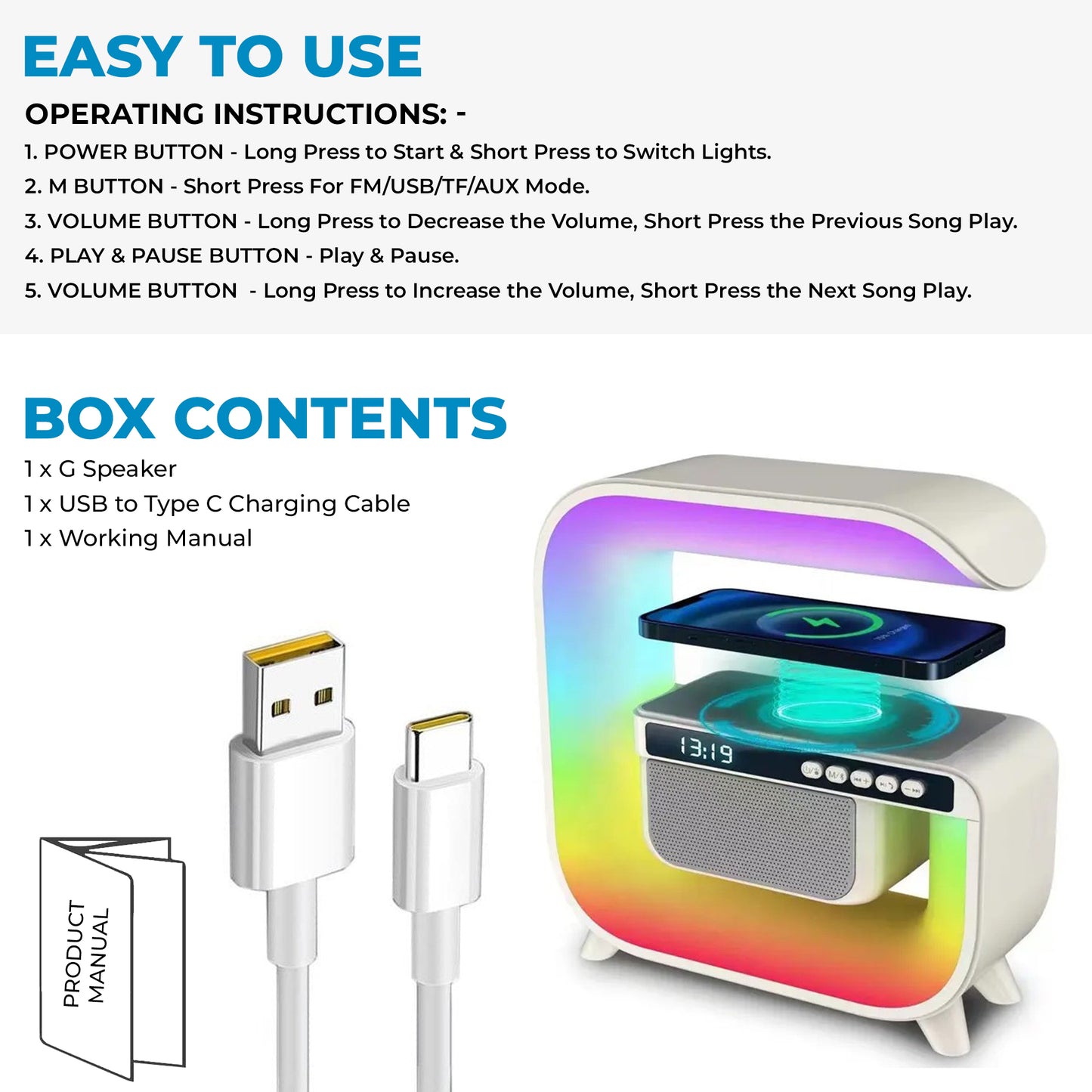 WRADER Multicolor LED G Speaker Night Lamp with Wireless Charger and Clock Google Lamp Night Lamp