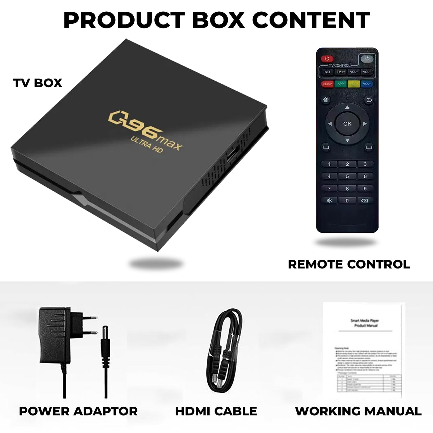 Q96 FULL HD Android TV Box Android 14.0 8GB RAM 128GB ROM Free HDMI 3000+ Apps