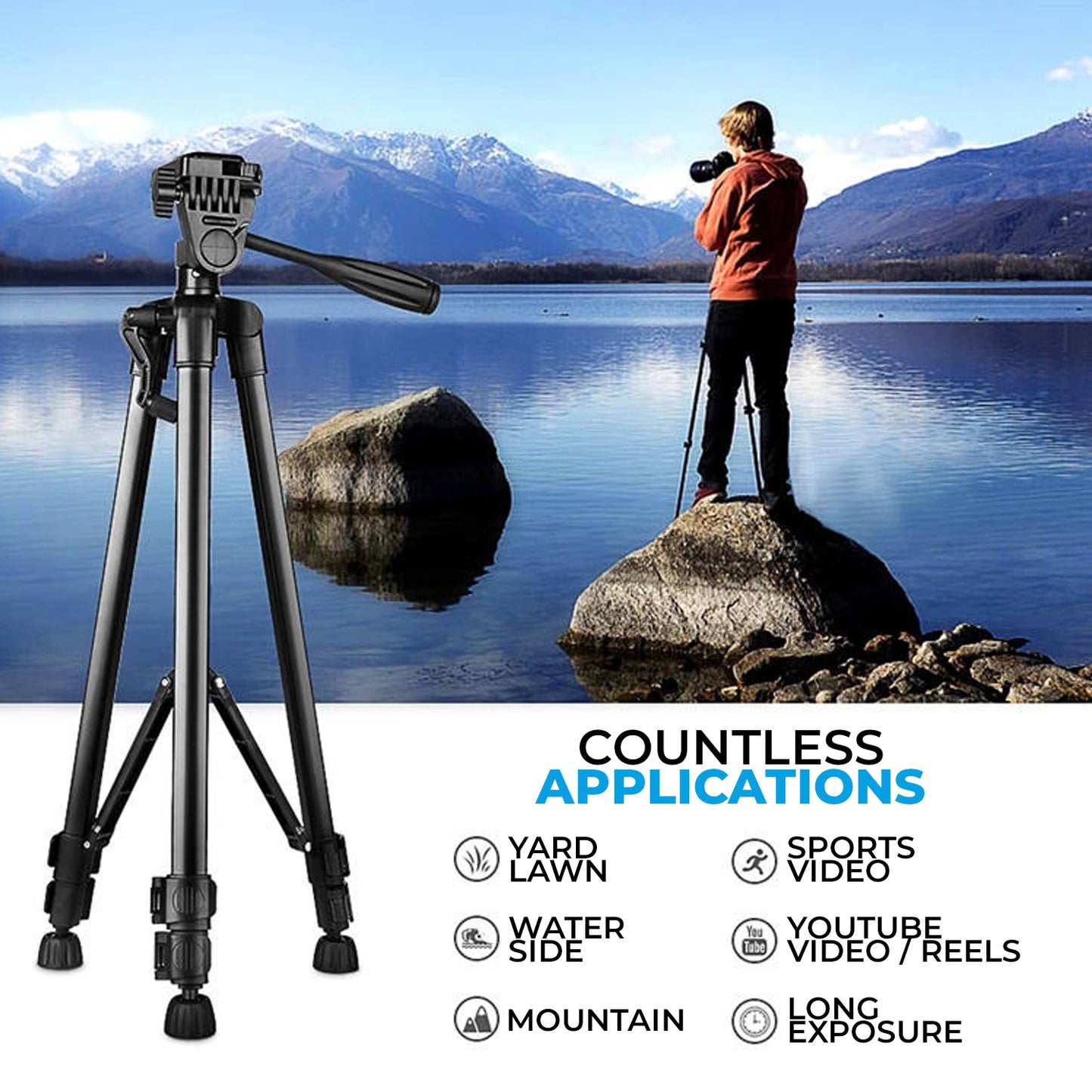 WRADER Metal Tripod with Clip Tripod Stand for Mobile DSLR Camera and Video Camera Tripod (Black, Supports Up to 5000 g)