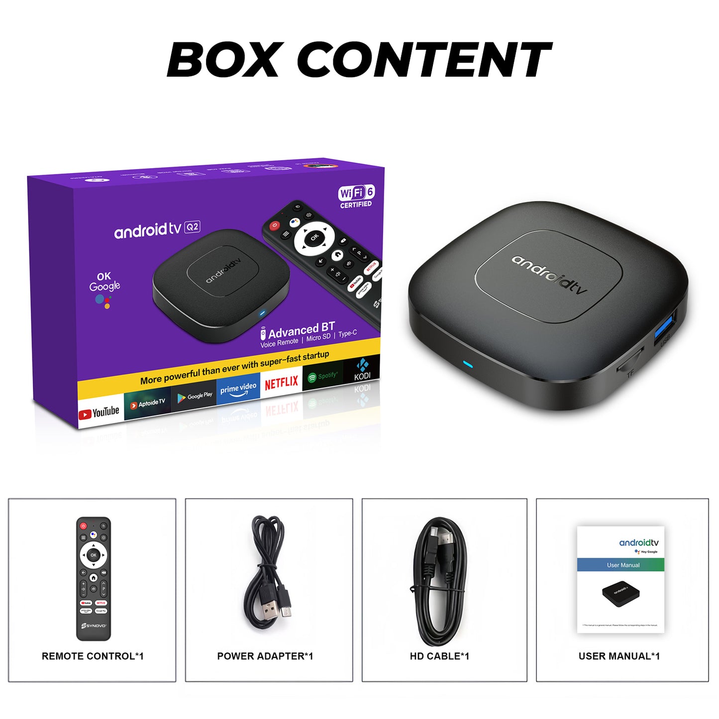 Q2 Android TV Box 4K Ultra HD Voice Control Compact Design With 4GB + 32GB
