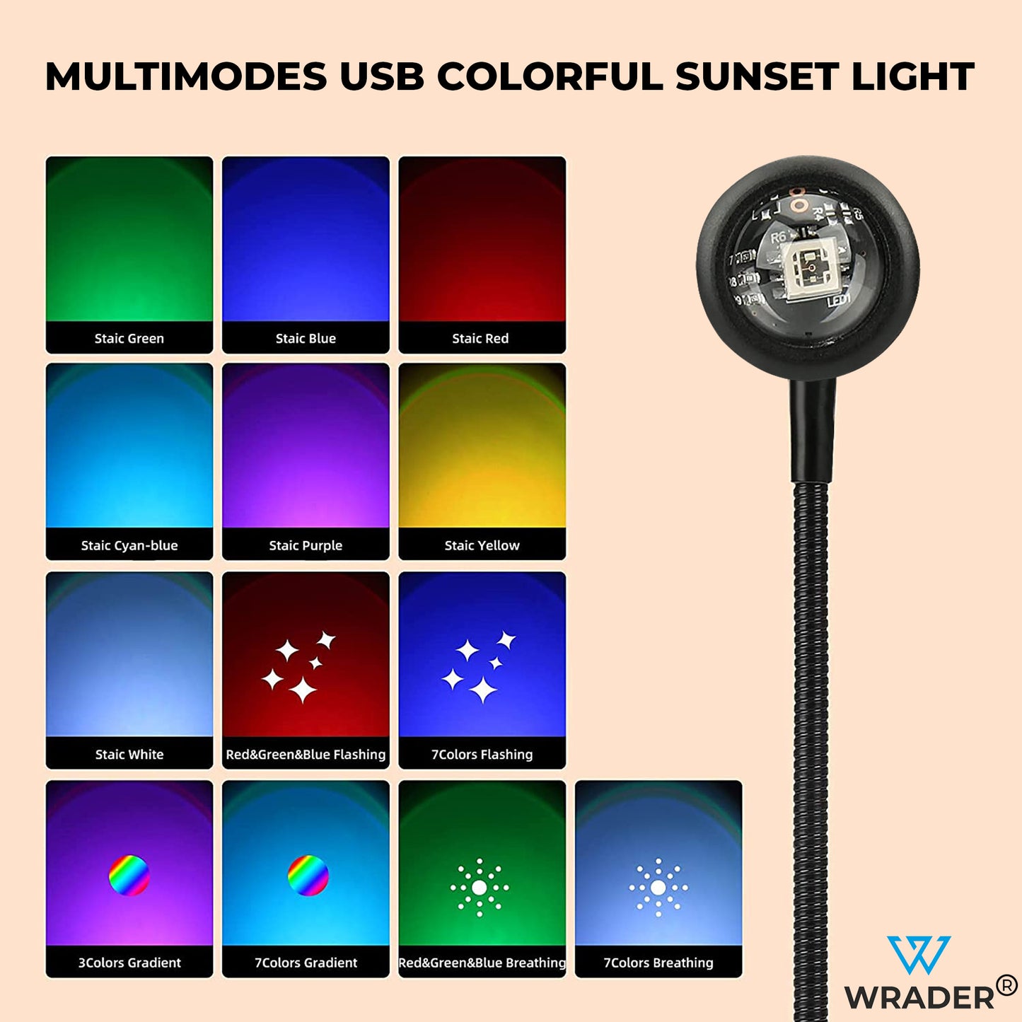 WRADER Sunset Projection Lamp Light for Home Decor Cars Video Shoots Bedroom Insta Reels & YouTube Night Lamp (12 cm, Black)